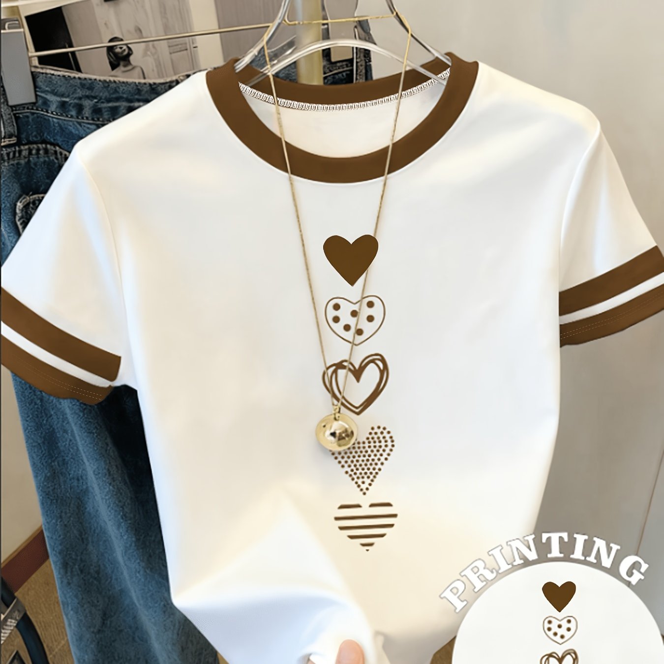 TEMU Polyester Fabric, Machine Washable, Digital Printing. Casual Short-sleeve Top Summer. Simple Heart Print With -blocking Design, Inclusive Fit