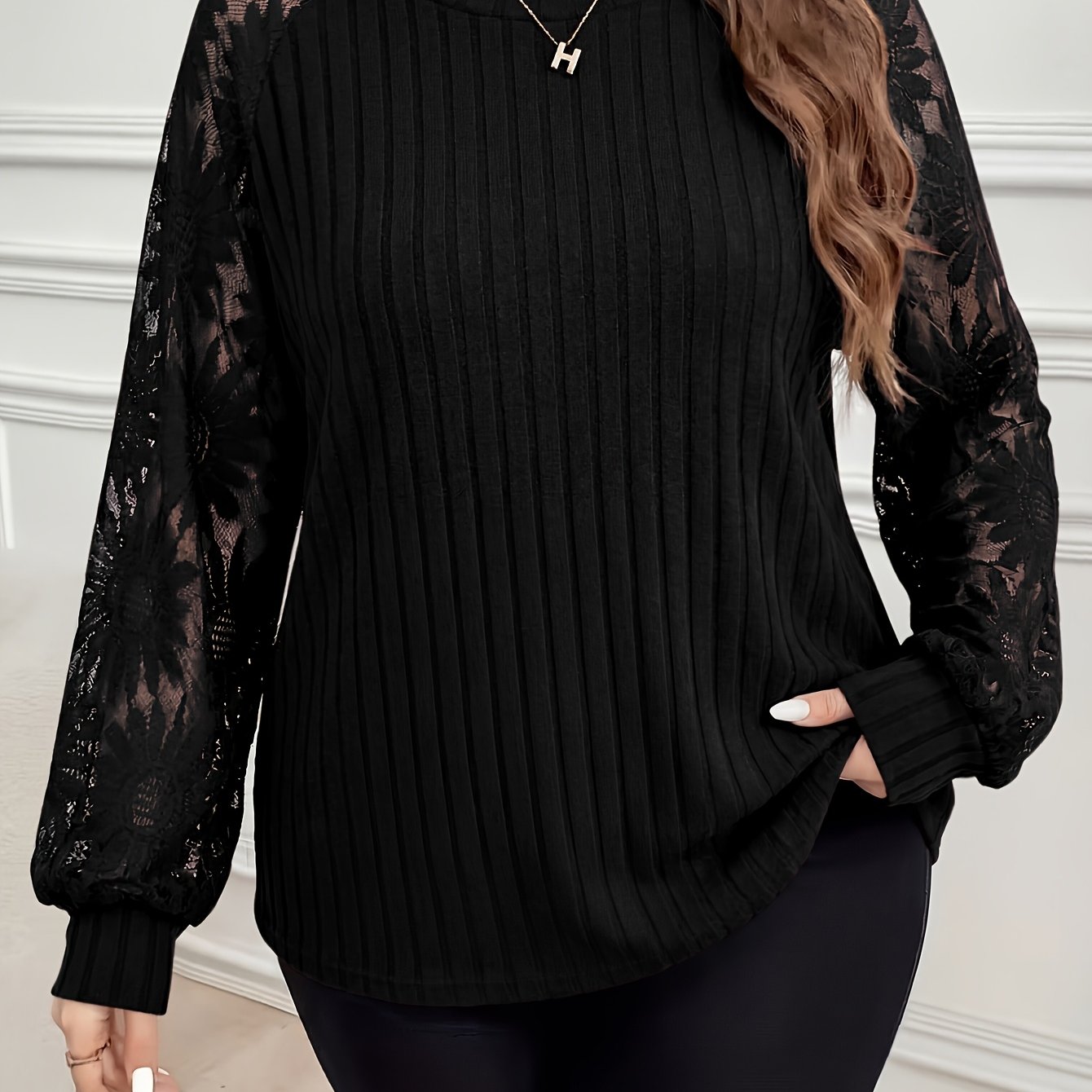 TEMU Plus Size, Plus-size Elegant Women's Ribbed With Mesh Panel Round Neck Raglan Long Sleeve