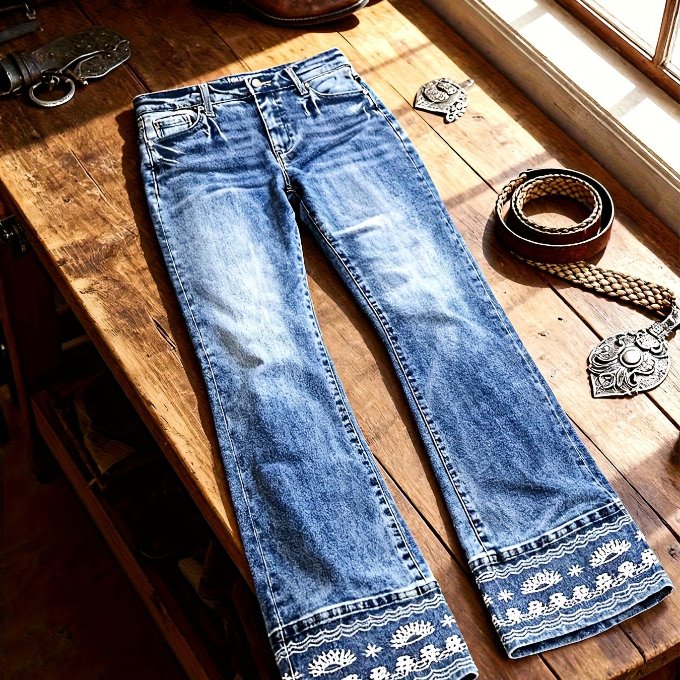 TEMU Women's Vintage Blue Flared Jeans, Light Blue Washed Denim With Ruffles. This Slim- Features Printed Patterns With A Folk Style. A Heavy-washed