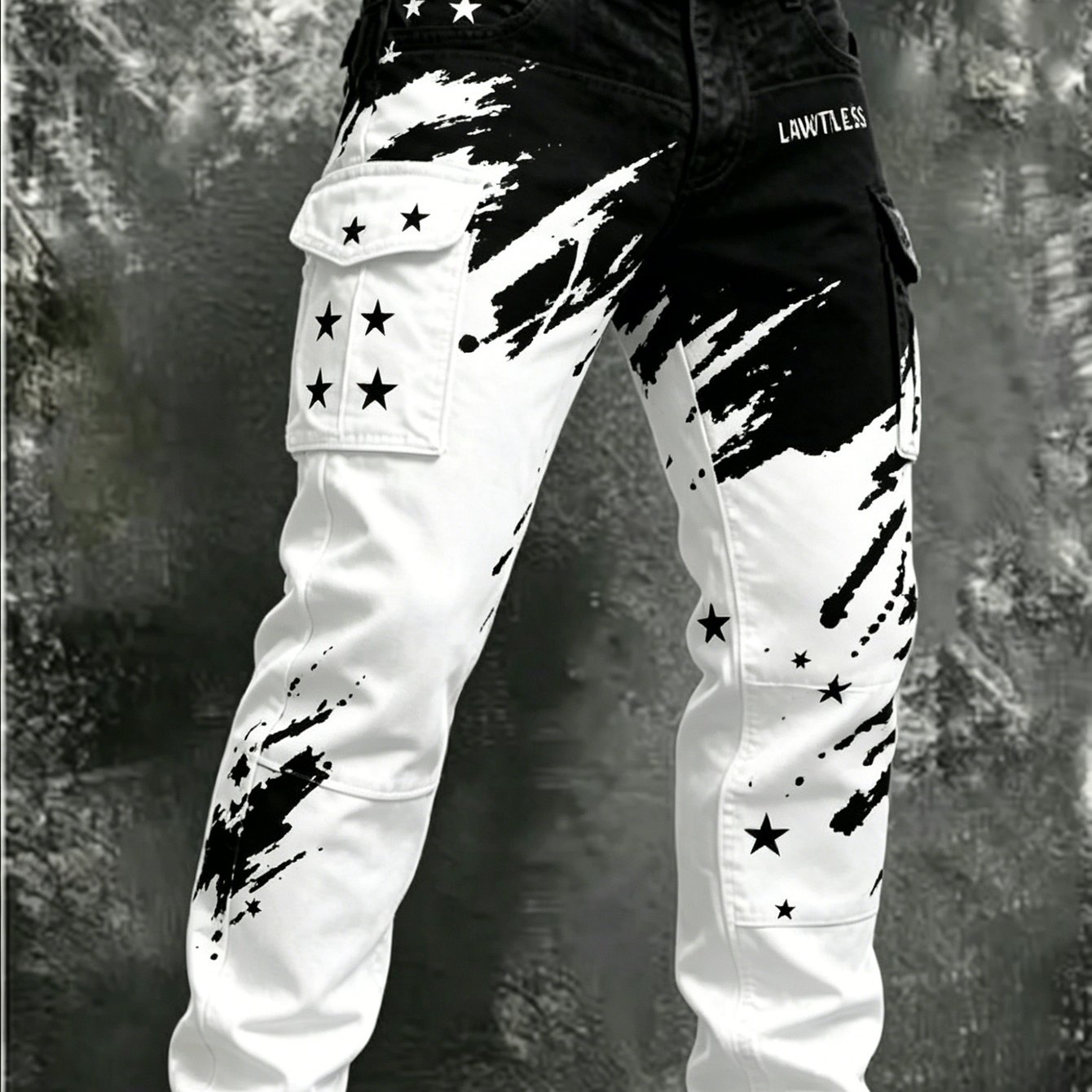 Image of [belt Not Included] Men's Starry Cargo Pants, Black And White Trousers, Suitable For Daily Outdoor Commuting In