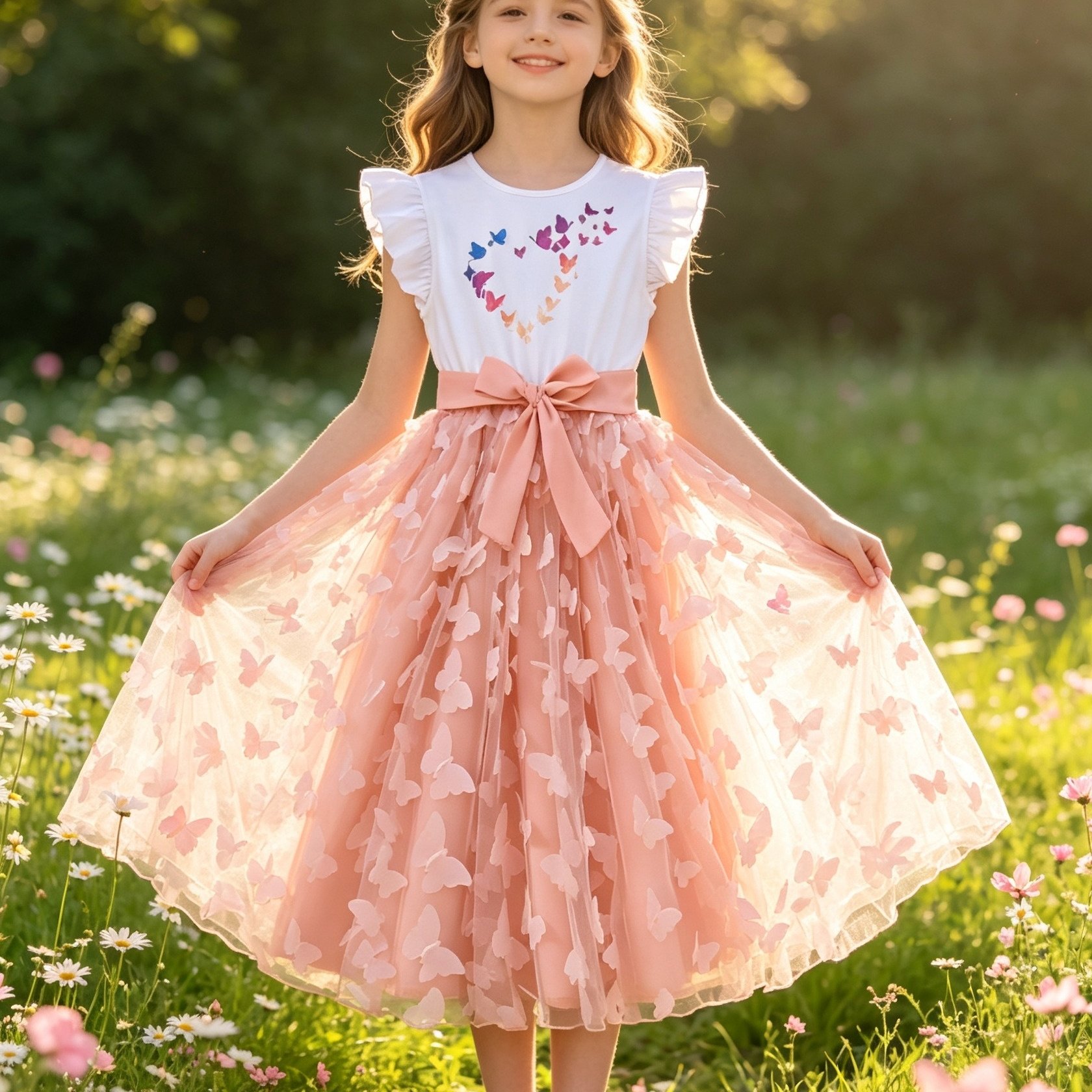 Image of Girl'-dimensional Embellished Mesh Skirt With Flutter Sleeves, Solid Color Print Dress, Comfortable Fabric, Vibrant And Stylish, Suitable For Holiday Parties And