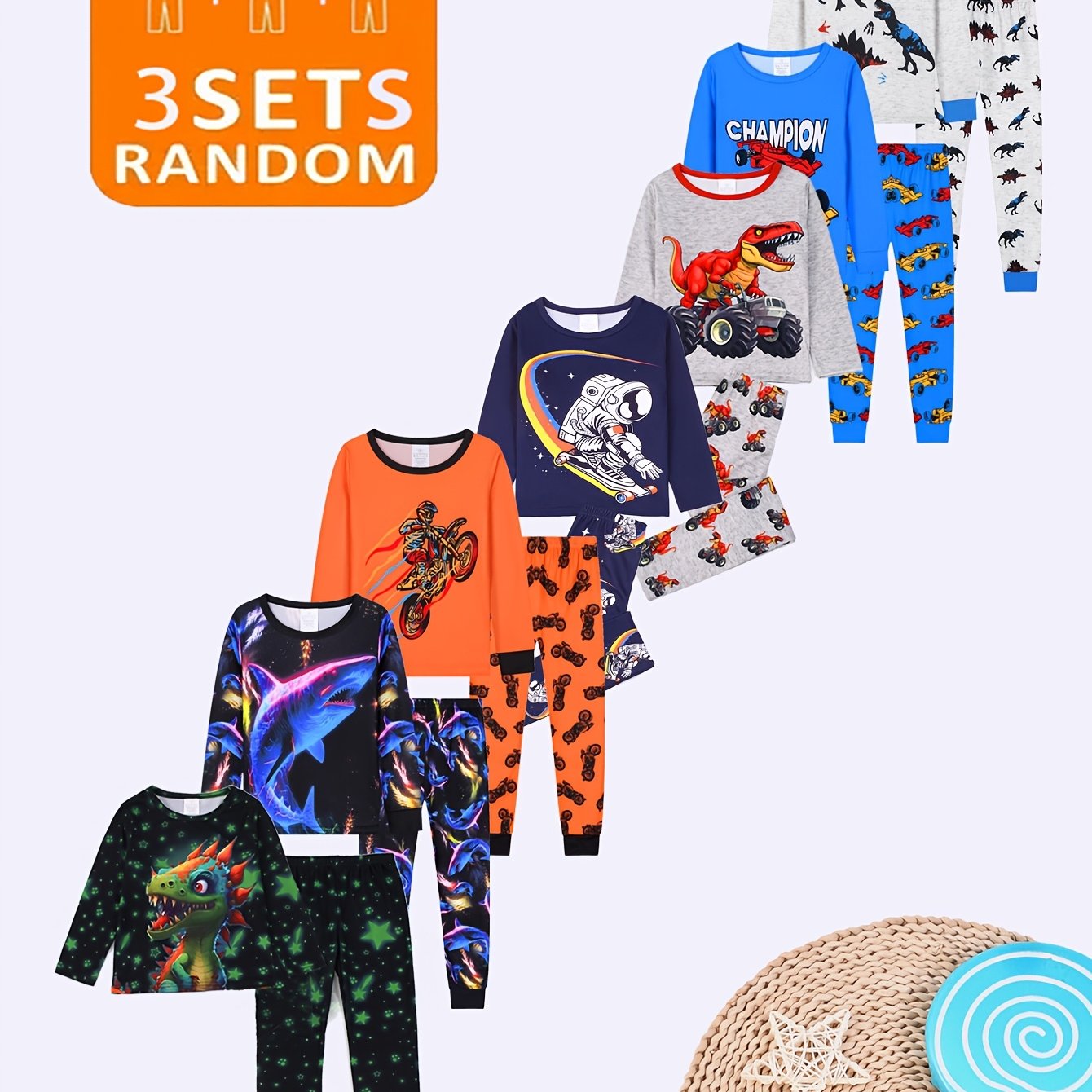 Image of Random 3 Sets Boys' Pajama Sets, Dinosaur, Motorcycle, Racing, Boys' Long-sleeve T-shirt And Long Pants Pajama Set, Skin-friendly, Comfortable, Close-fitting, Stylish, And Simple, An Four-season Gift