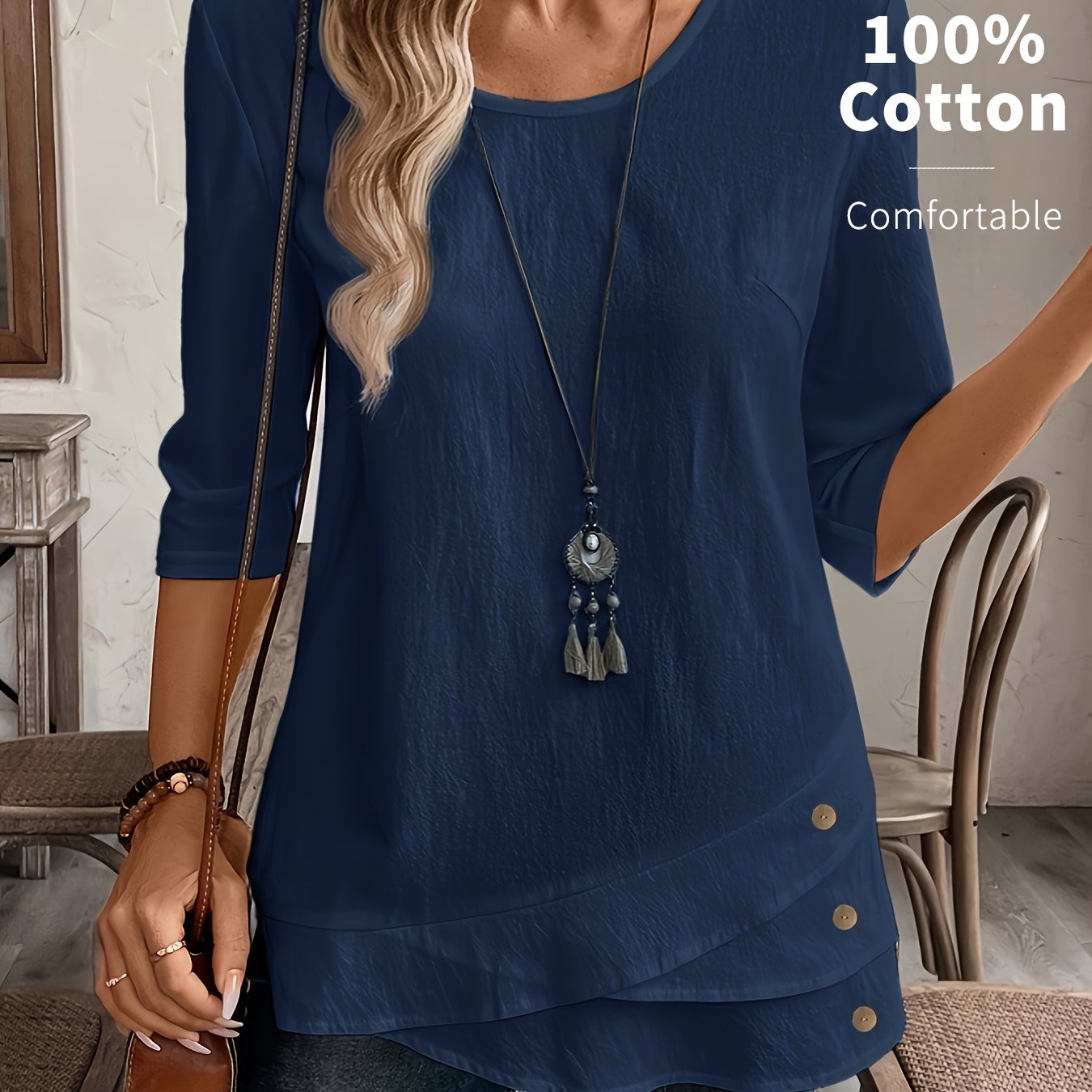 Image of Plus Size, Plus Size Women's Spring Summer Autumn Casual Asymmetrical Hem Crew Neck Top - Solid Color Machine Washable Shirt, No Accessories Included