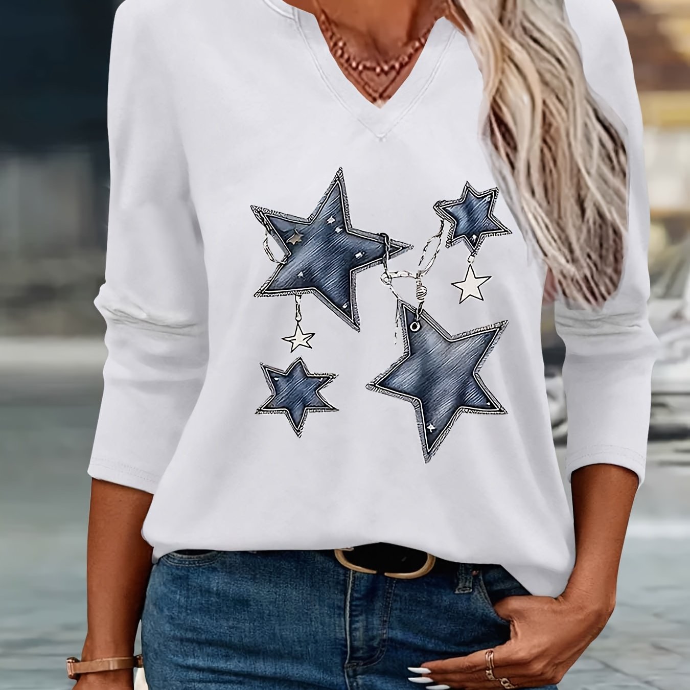 E-shop Sternenmuster-Druck, ein Geschenk für Sie, Frühling/Sommer-Mode, schlichtes Freizeit-T-Shirt für Damen mit V-Ausschnitt Dreiviertelärmeln