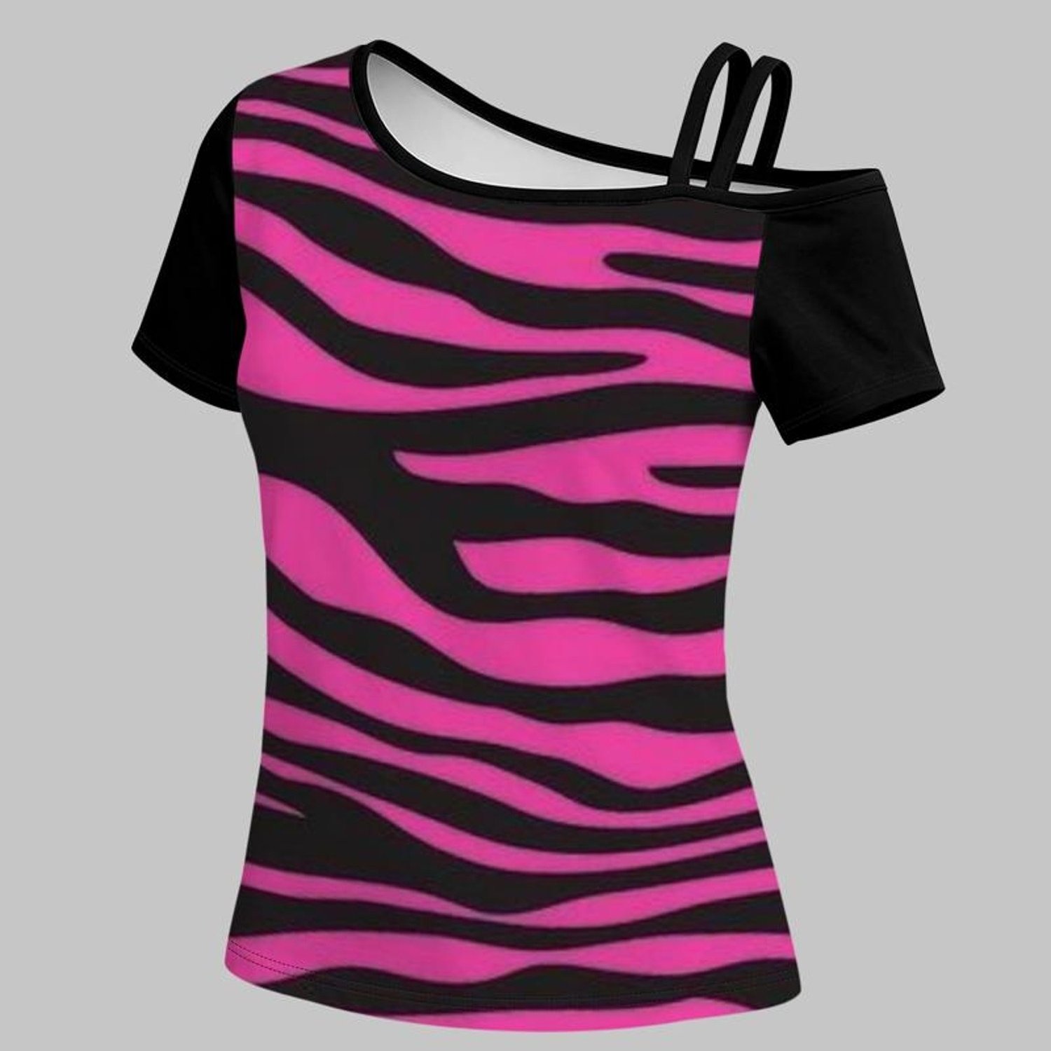 TEMU Women' Side Tie-shoulder Short Sleeve T-shirt, Rose Zebra Print Contrast Off-shoulder Fitted Hot Casual Top