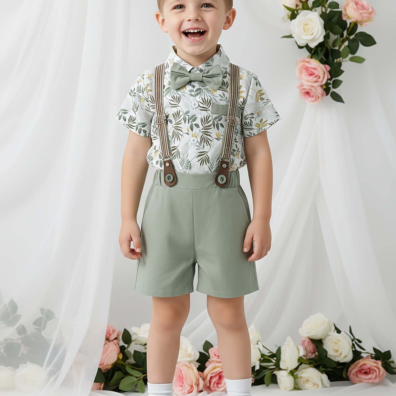 Boys' 2pcs Gentleman Suit Set: Short-sleeve Lapel Shirt With Bow Tie And Shorts Overalls, Stylish And , Suitable For Birthday Parties, Weddings, Performances, And Wedding Banquets