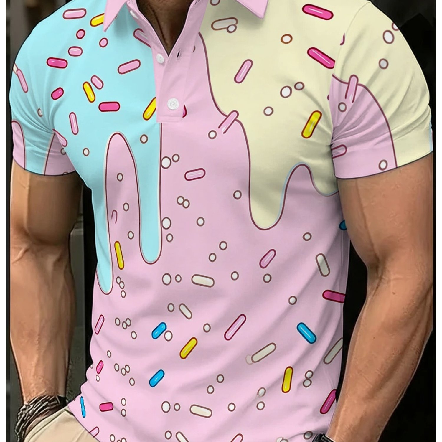 TEMU Men's Short-sleeve Shirt, Featuring A Sweet Dessert Melting Effect With An Print Of Colorful Sprinkles. The Soft, Color Palette A And , Styling.