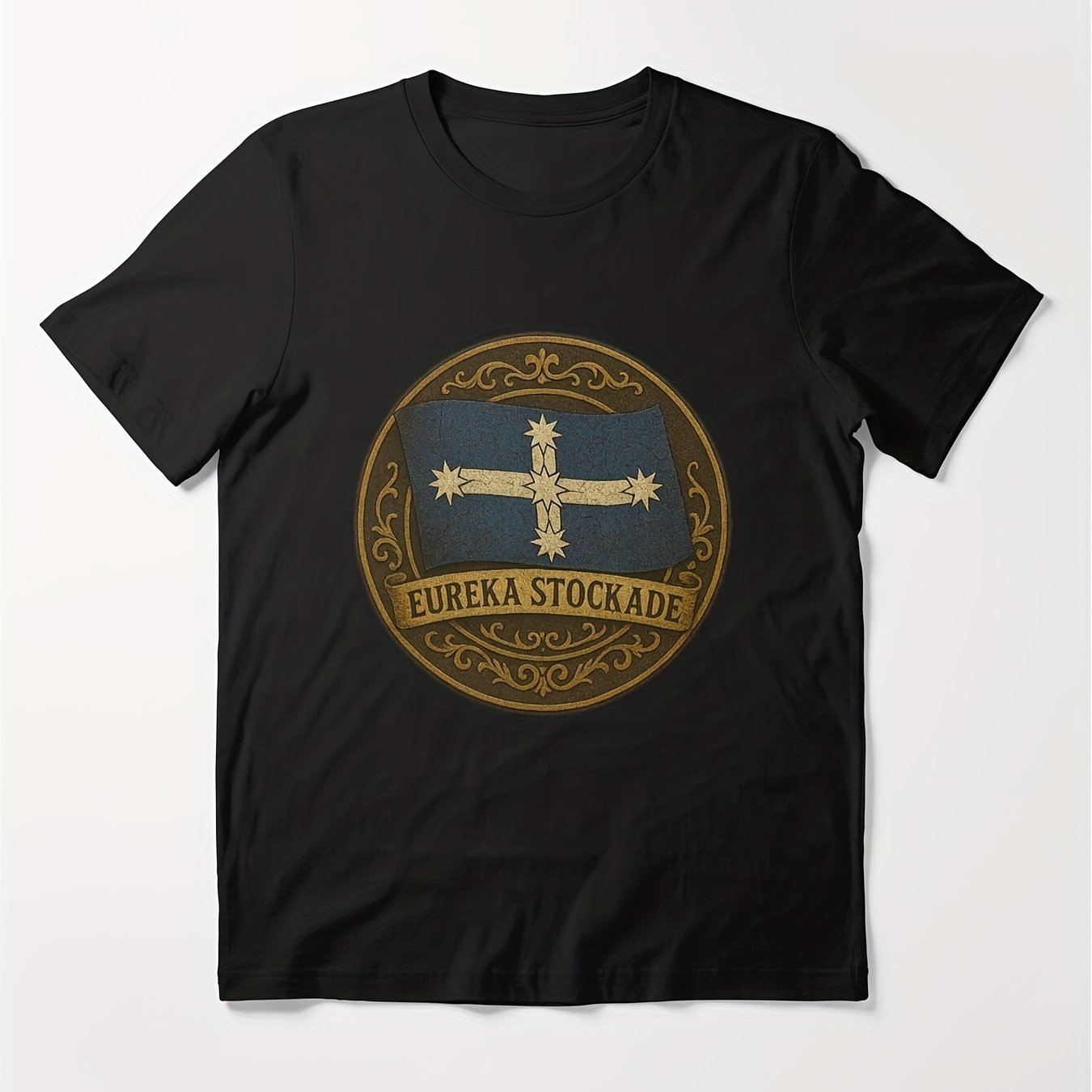 TEMU Men's Eureka Stockade Emblem T-shirt - 100% Vintage Australian History With Golden Cross & Crown 1830s Design Breathable Short Sleeve For Casual