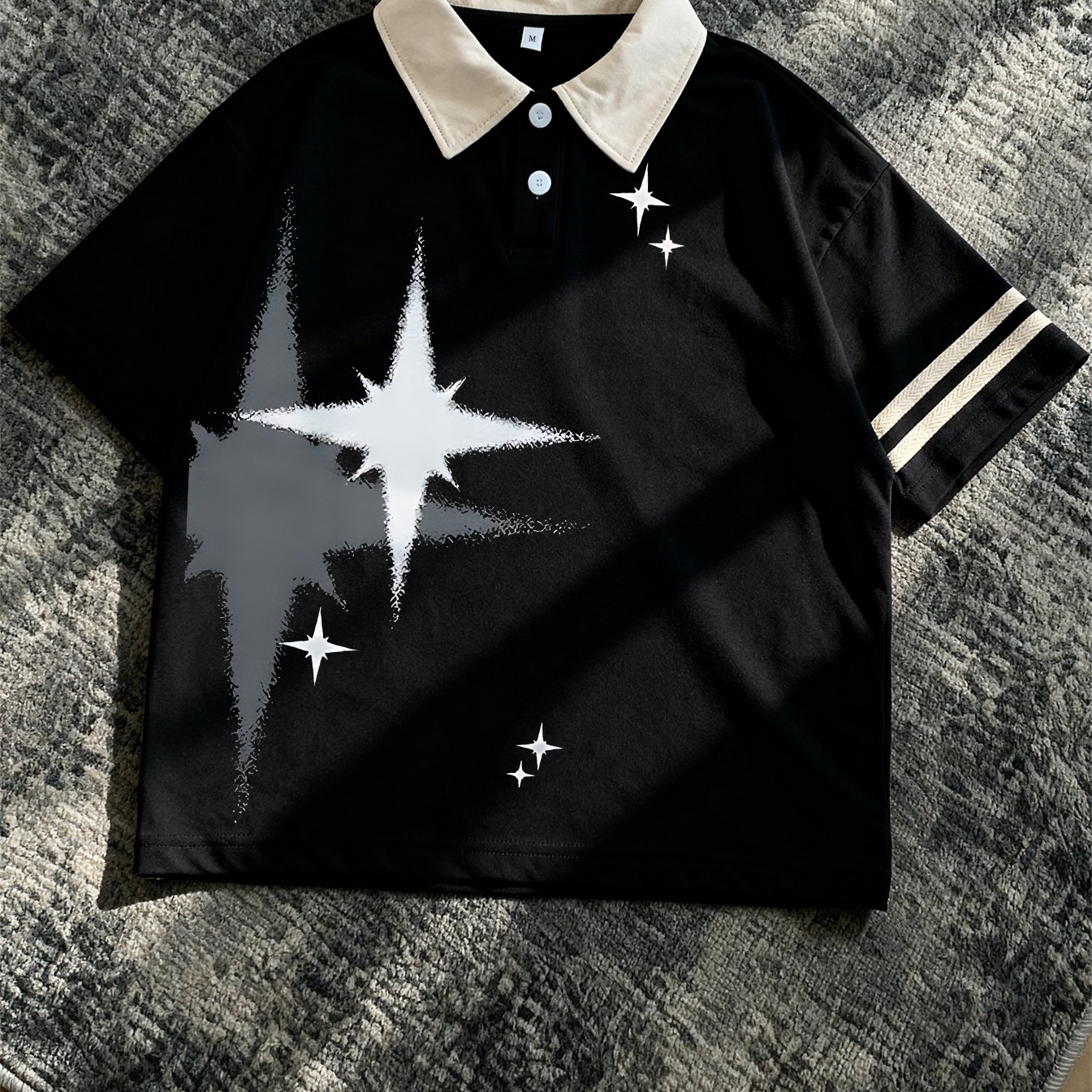 TEMU Men's New Shirt, Y2k Fashion Print, Black With Beige Contrast Collar, Features Star And Gray Splash Ink Prints On The Front, Double Stripes On