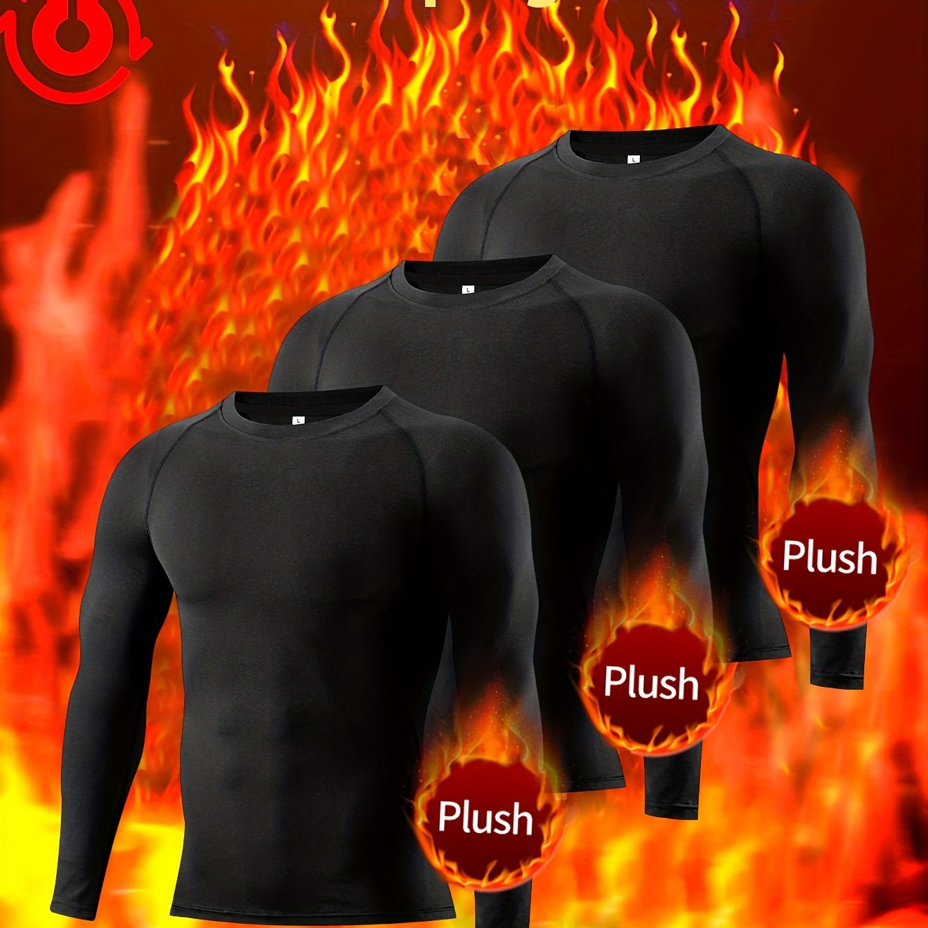 TEMU 3pcs Rukioo Men's Thermal Base Layer Long Sleeve Sweatshirts - High-elastic Slim-fit Pullovers With Velvet Lining For Winter Skiing, Hiking &