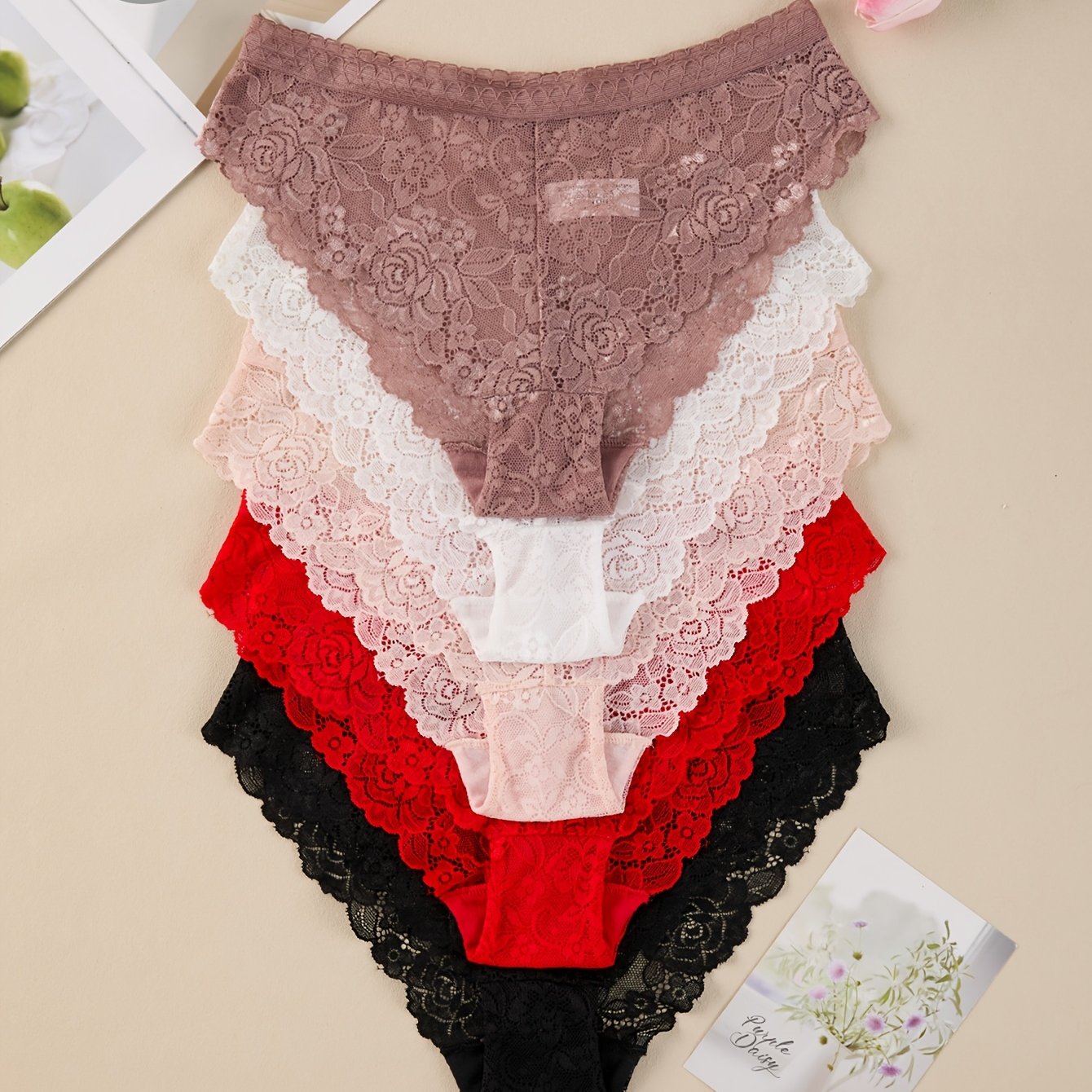 TEMU Lot de 5 culottes de bikini semi-transparentes pour femme - Bordure en dentelle douce et culottes florales adaptées aux tenues décontractées et