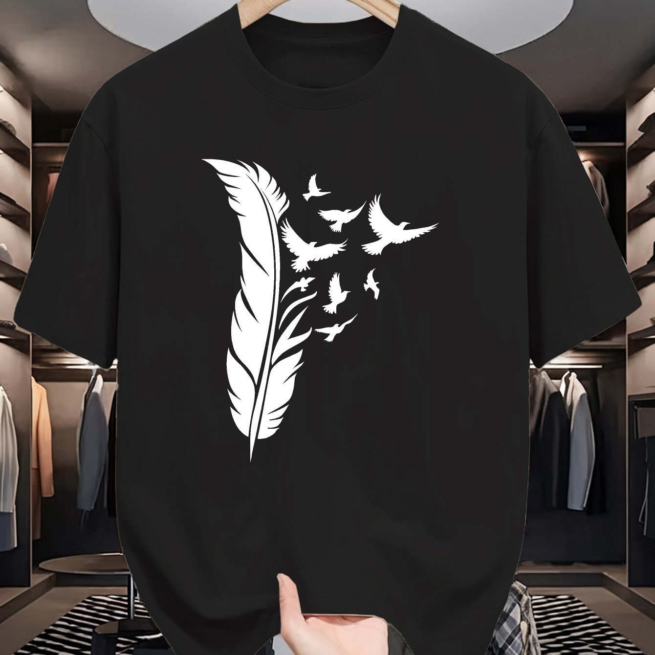 TEMU 0312 Feather Men's Summer Short-sleeved T-shirts, Fashionable And Trendy Printed Men's Bottoming Shirts, Male Teenagers' Spring And Summer Round