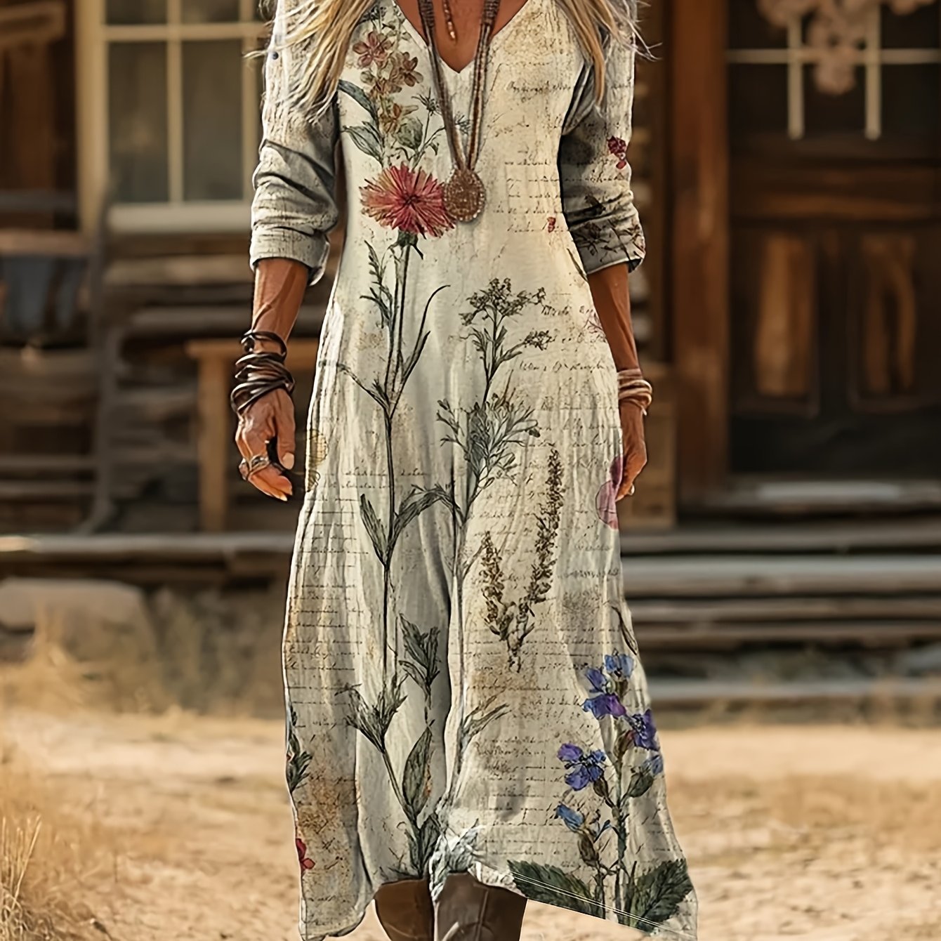 TEMU Western-style Women's Fashion Casual Elegant V-neck Printed Dress