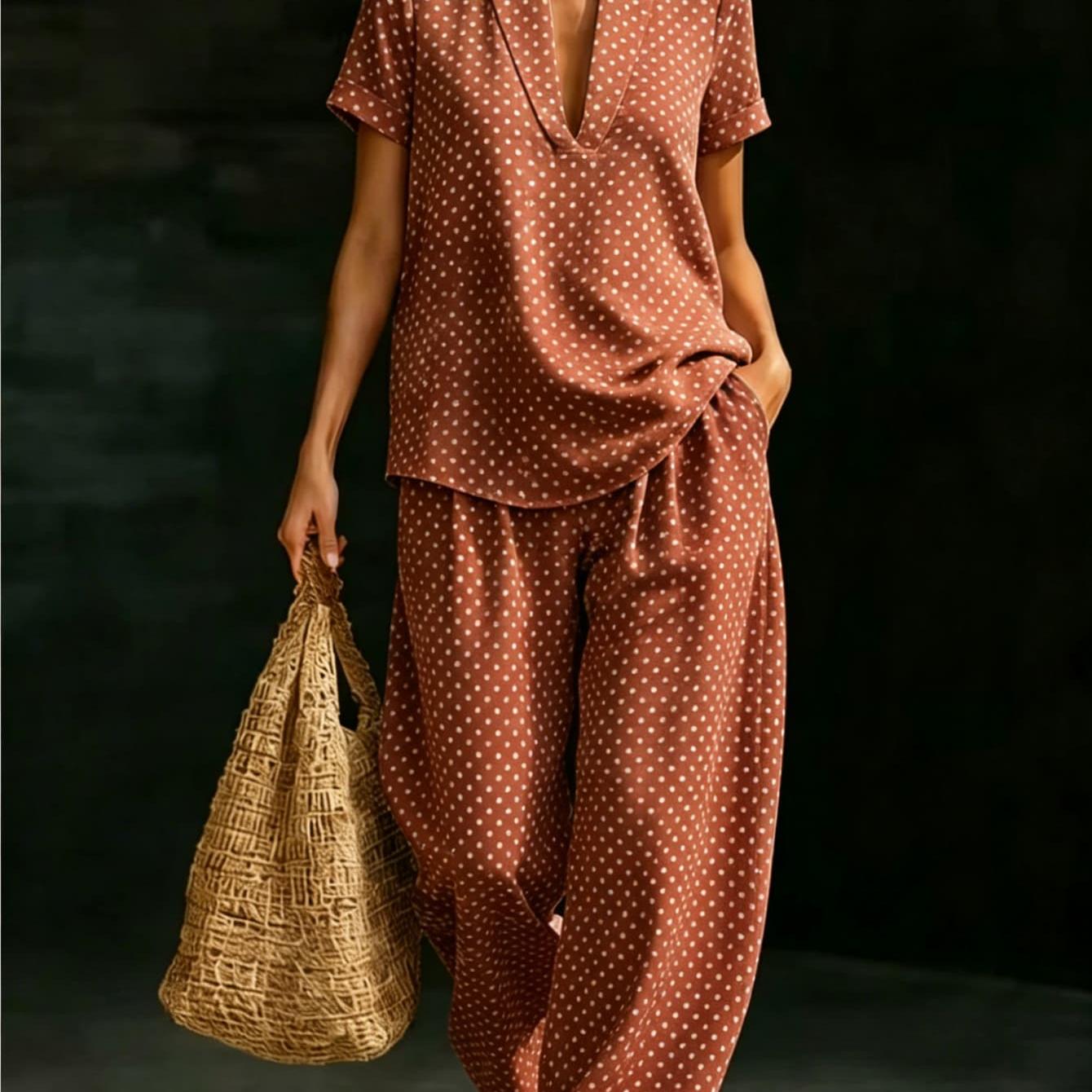 Image of Plus Size Ladies Solid Tone Polka Dot Printed 2pcs Outfit, Lapel V Neck Short Sleeve Blouse & Baggy Wide Leg Harem Trousers, Daily Casual Relaxed Matching Suit
