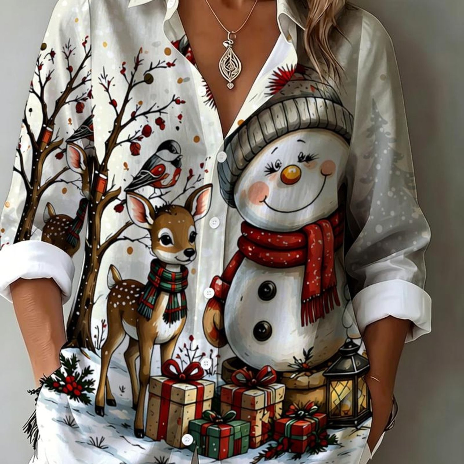 TEMU Women's Beautiful Long Sleeve Shirt, Cute Snowman Deer Pattern, Suitable For Christmas Casual Gatherings [printed Design - Not Textured]