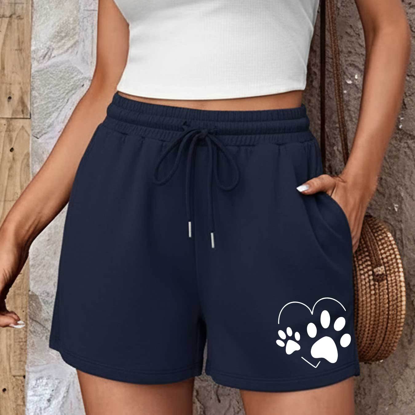 TEMU Stylish And Minimalist Shorts For Women Featuring A Heart And Animal Paw Print Design, With A Drawstring Elastic Waist For A Fashionable Look.