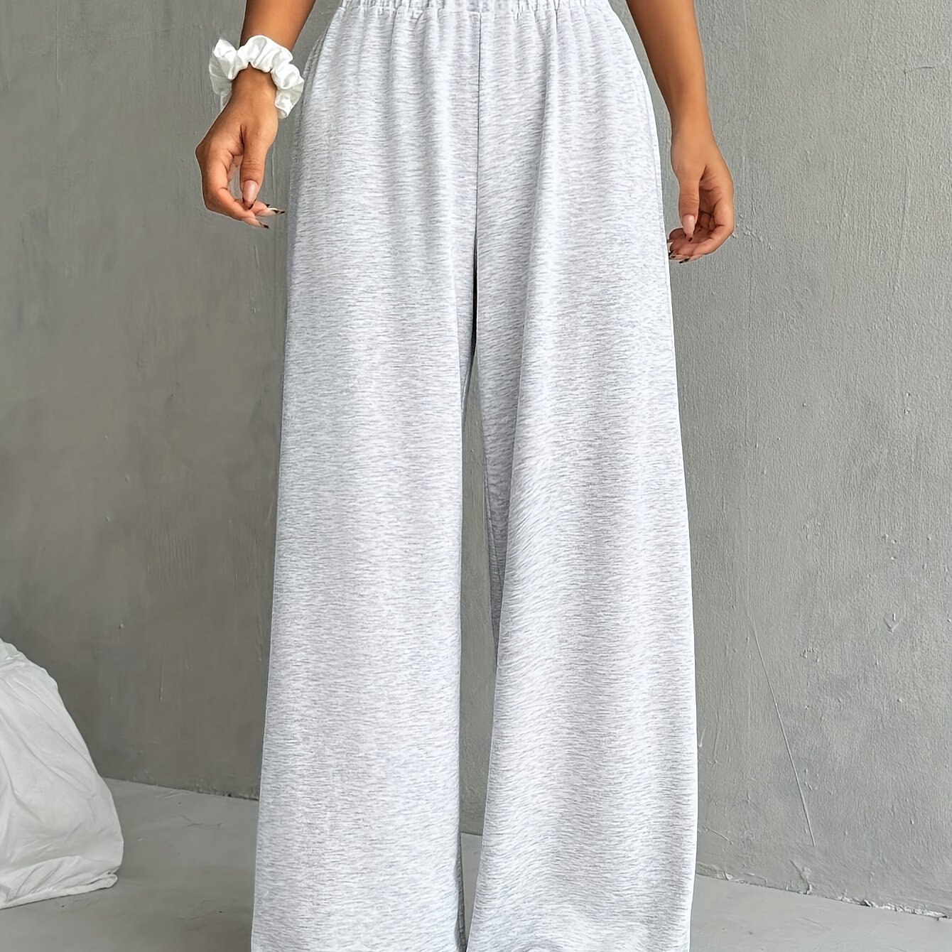 Image of Solid Color Elastic Waist Pants Spring Summer Autumn Winter Casual Wide-leg Trousers Women's Clothing