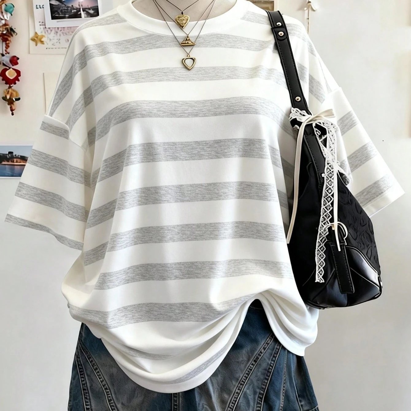TEMU Women's European/ Striped Round Neck T-shirt - Solid Suitable For Sports & Casual Wear, Short Sleeve -compatible Top For Spring/summer, Machine