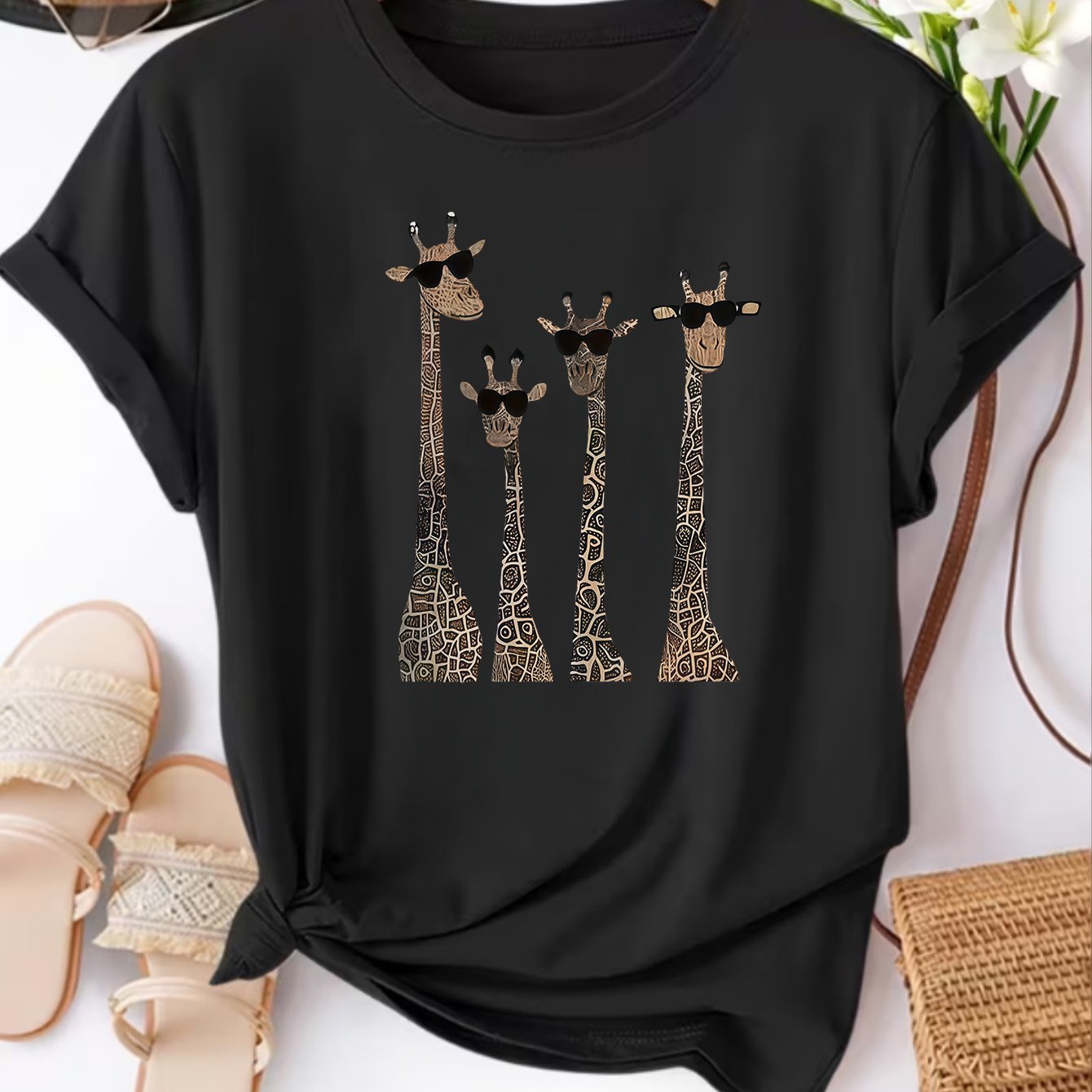 TEMU Giraffe Print Women's Round Neck Short Sleeve Casual Sport T-shirt, Essential For Summer Beach Vacations, Daily Wear, And Travel, Suitable For