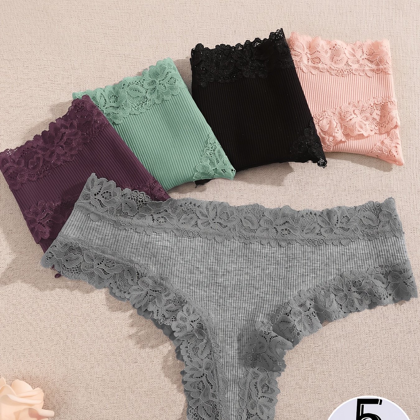 TEMU 5pcs Solid Lace Trim Briefs, Comfy Breathable Stretchy Intimates Panties, Stretchy Ribbed Women's Thong, New Style Women's Lingerie & Underwear