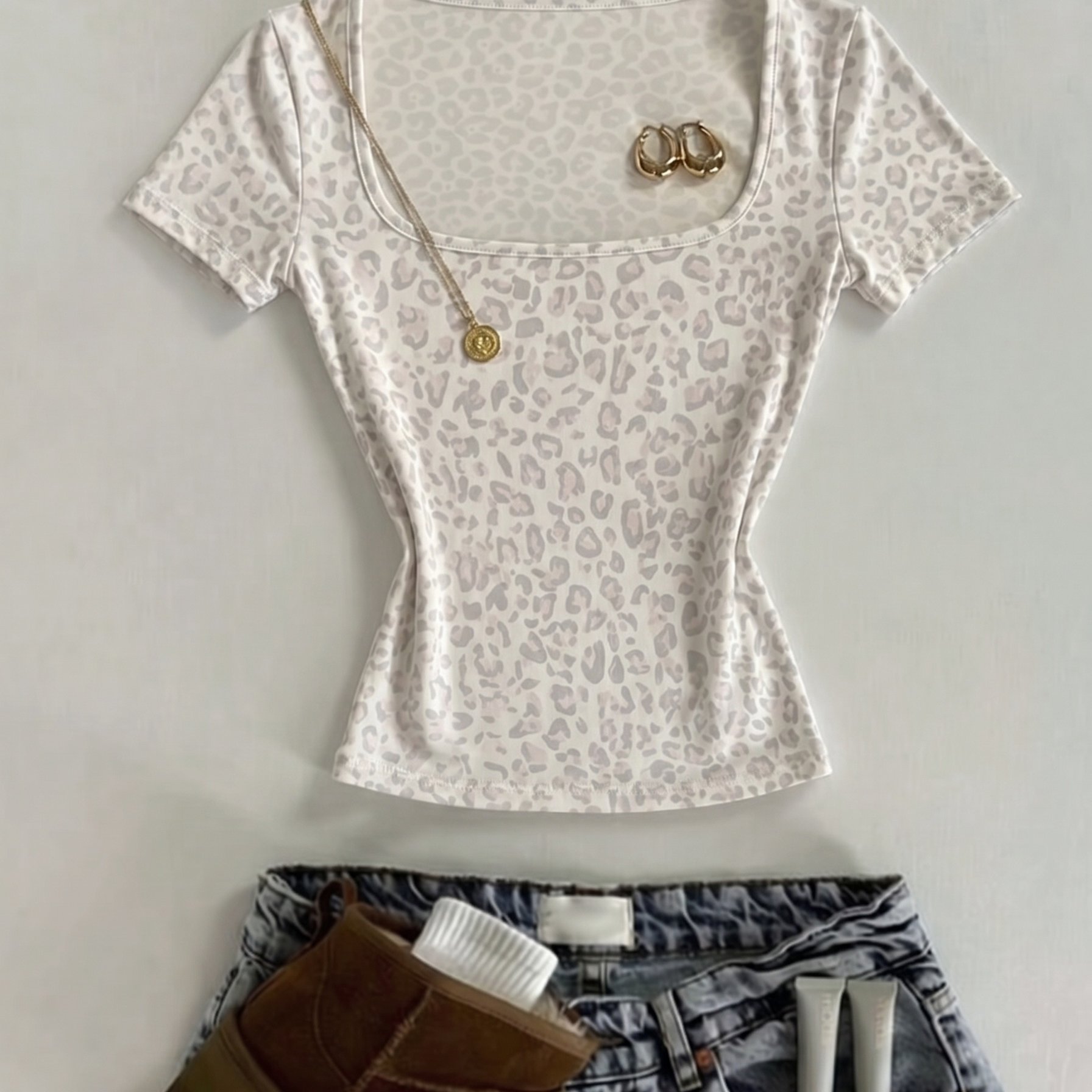 TEMU Damen T-Shirt mit Leopardenmuster, quadratischem Ausschnitt, schmal geschnitten, Kurzarm, geeignet für Frühling, Sommer Herbst