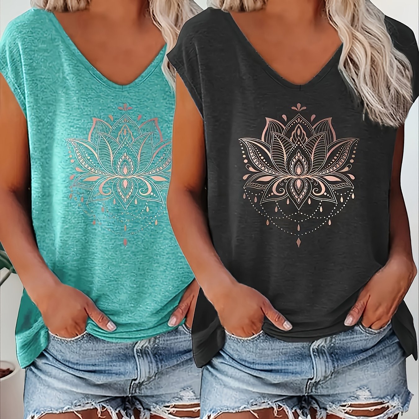 Image of Plus Size, 2pcs Patterned V-neck T-shirt, Casual Short-sleeve T-shirt For Spring/summer, Women's Clothing