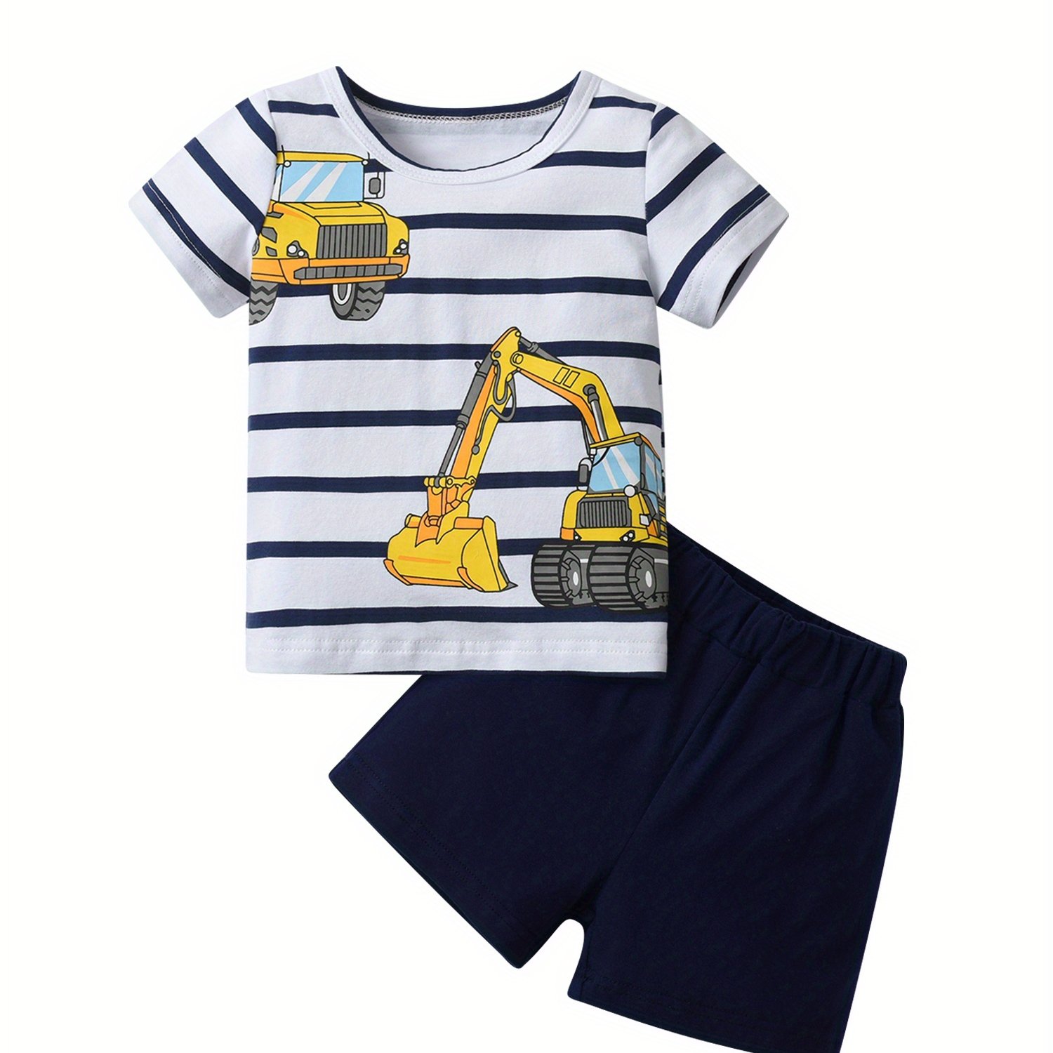 TEMU Summer Toddler Kids Baby Boys Casual Clothes Sets Car Pattern Short Sleeve Striped T-shirt Top And Shorts Children Clothing Outfits, For Outdoor