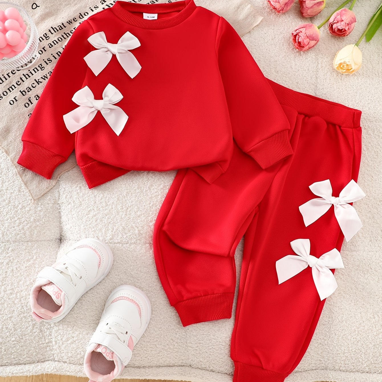 Image of Baby Girl Spring Autumn Cute Casual 3d Bow Round Neck Pullover And Pants Set, Suitable For Daily Wear, Outdoor Activities, Ideal Gift For Girls, For Outdoor, Christmas, Halloween