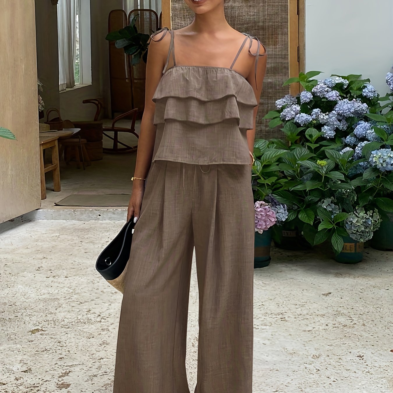 Women's 2pcs Set - Cami Top And High-waist Tie-string Pants Casual Suit