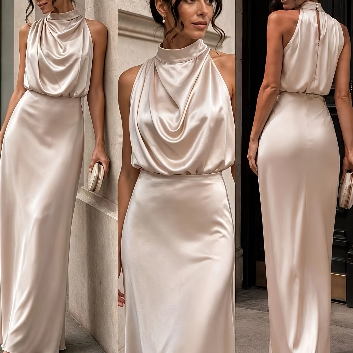 TEMU 2026 Satin Long Gown, Halter Neck With Swinging Collar, Backless, Waist-cinching Slim-fit Dress, Draped High-end Bridesmaid Dress For Banquets,