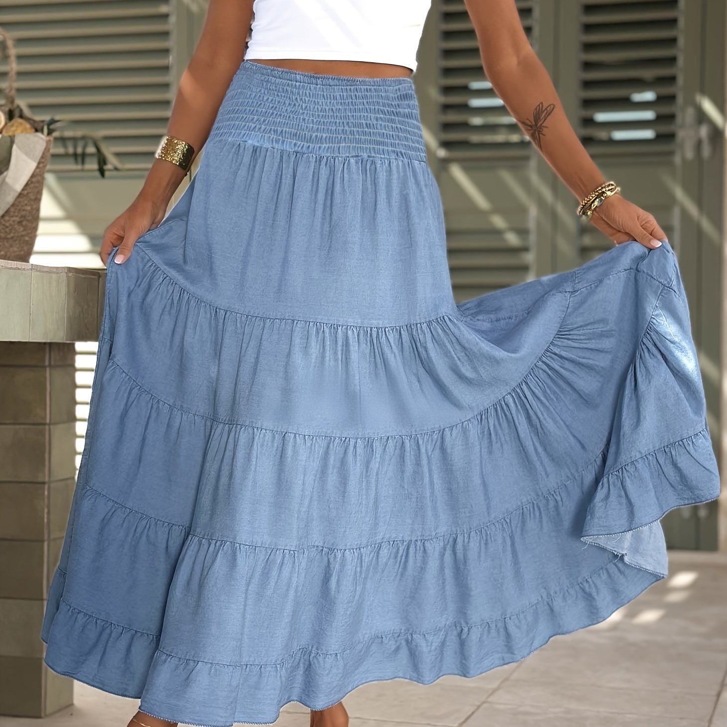 TEMU 2026 Spring/summer New Lightweight Breathable Cake Skirt Women's High Waist Elastic Waist Large Hem A-line Elegant Vacation Mid-length Skirt