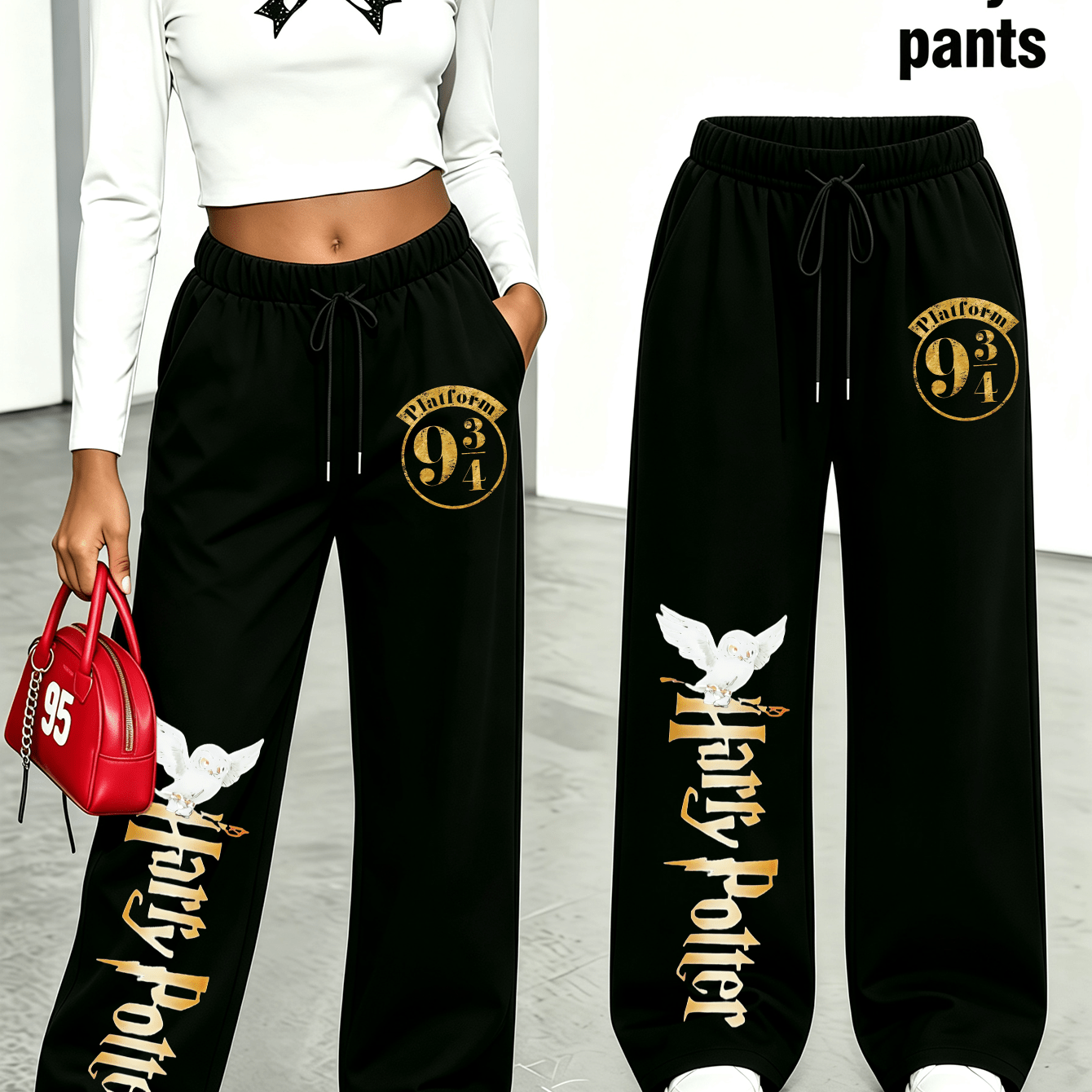 TEMU Wb Women' Harry Potter Platform 9Â¾ & Hedwig Owl Print Sweatpants - Loose-fit Themed Pants With Vertical Golden Lettering, Machine Washable &