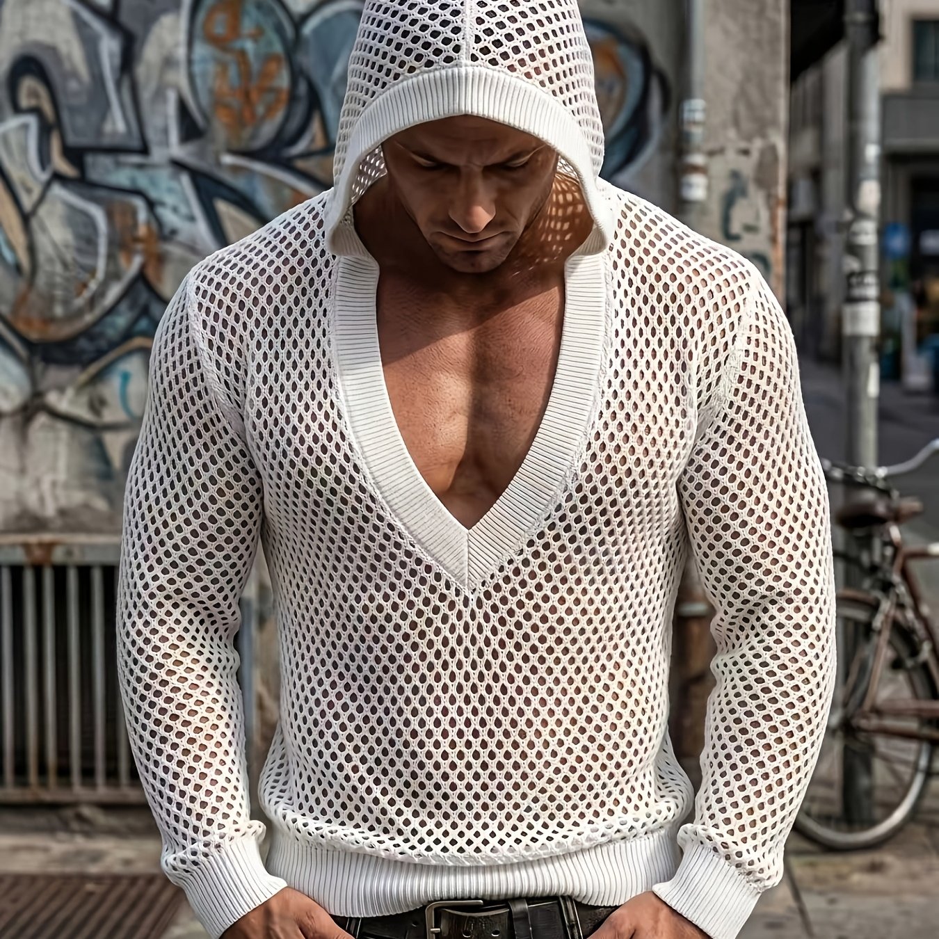 Image of T-shirt, Shirt, Men's Hooded Knit Top, Breathable, Long Sleeve Fit, , Deep V-neck Design, Item For Beach Vacations, Pool Parties, Music Festivals, And More