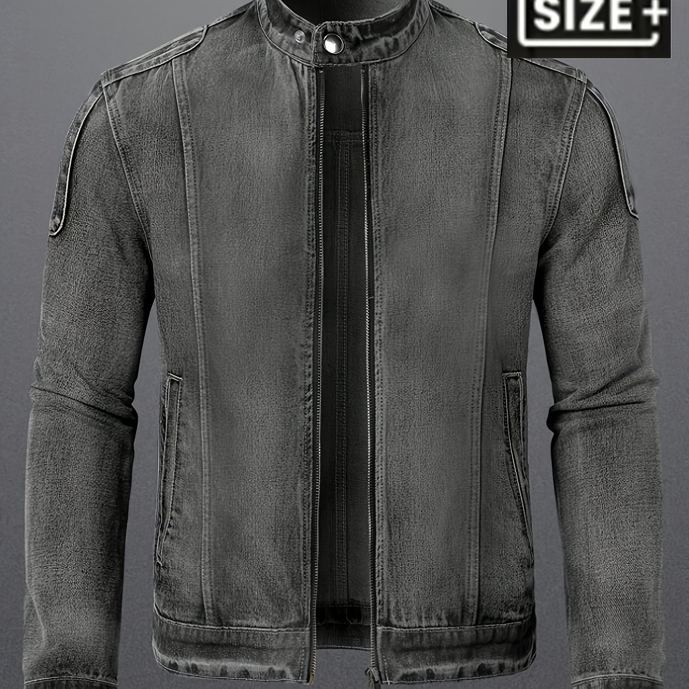 TEMU [allsro] Plus-size Men's Denim Jacket, Street Motorcycle Style, Three-dimensional Cut And Design, Unique Hidden Button Design At The Collar,