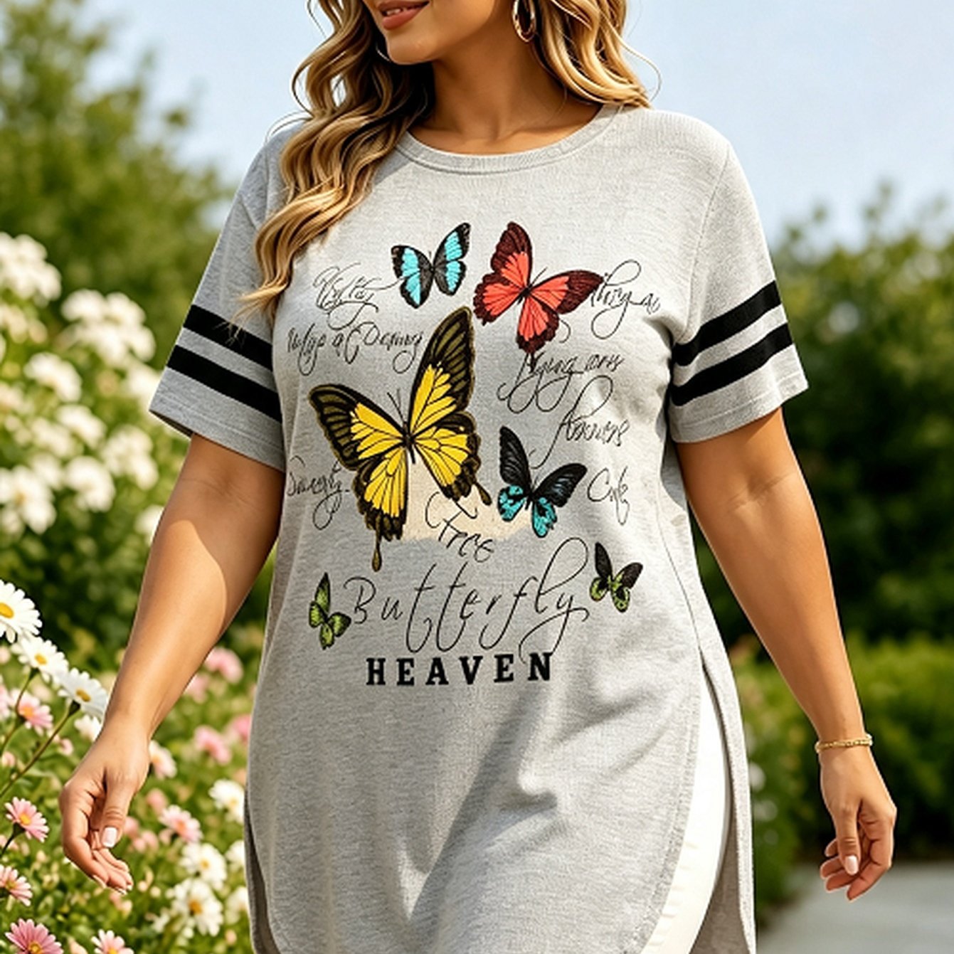 TEMU Printed Design - Non-textured Plus Size Side Slit Printed Short Sleeve T-shirt