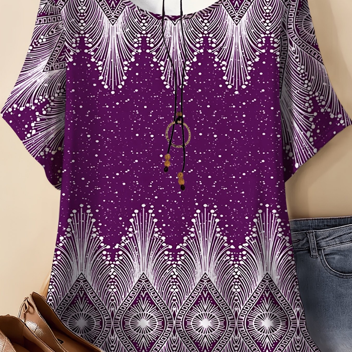 TEMU Plus Size, Plus Size Purple Printed Loose Short-sleeve Top Women's Ethnic Style Round Neck T-shirt Fashionable Casual Summer Women's Clothing