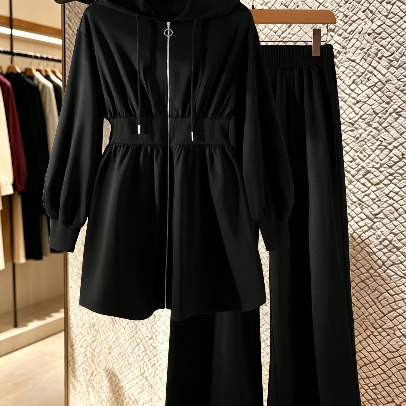 TEMU 2pcs Set: Mid-length Hooded Zip-up Cardigan   High-waisted Drapey Wide-leg Pants