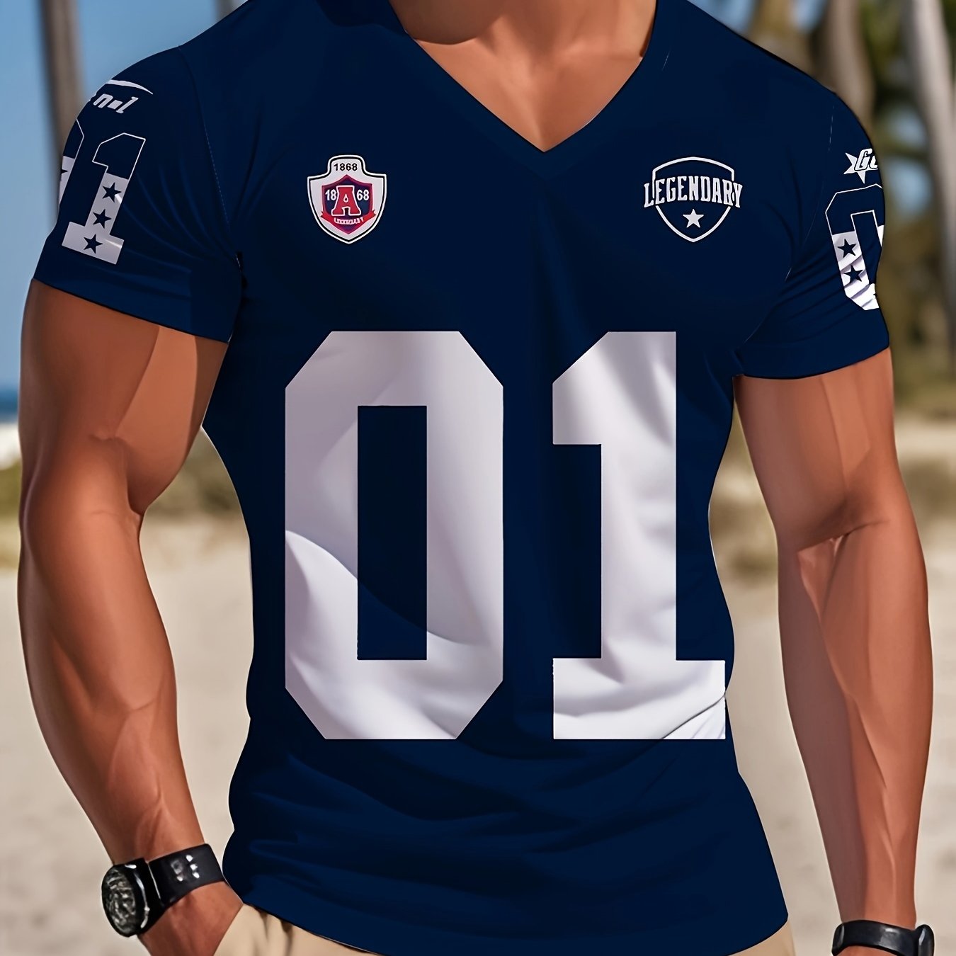 TEMU [printed Design - Not Textured] Men's Summer Sports & Casual Quick-dry Breathable Stretch V-neck Short-sleeve T-shirt