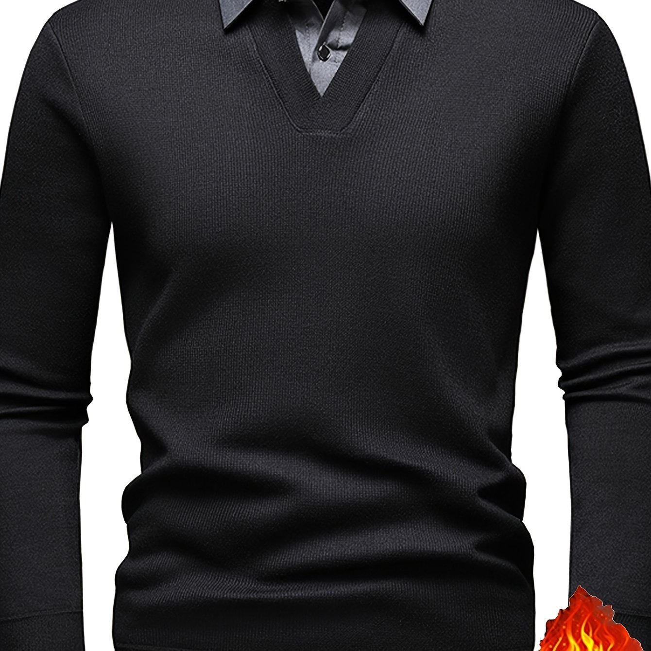 2025 Winter Men's Knitted Pullover, Warm And Comfortable With -lined Thickened Fabric, 2-in-1 Look With Lapel Collar In A Simple Solid , Stylish And Elegant, Autumn Essentials