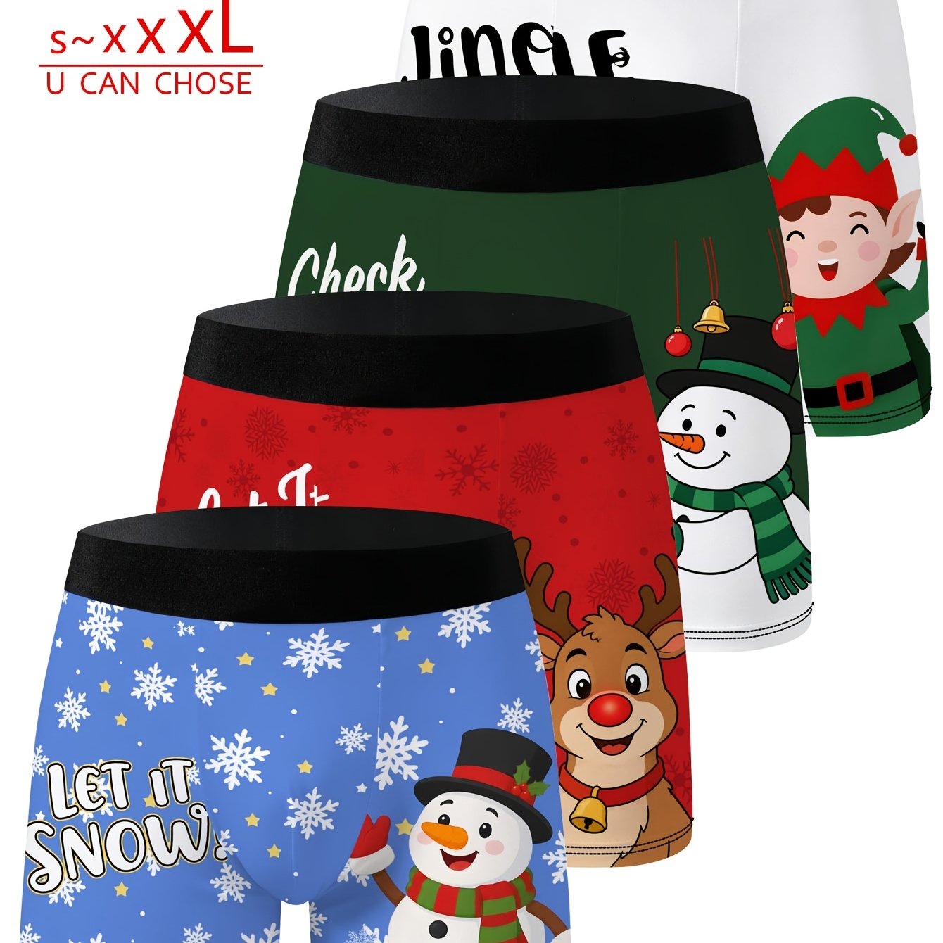 TEMU 4pcs Novelty Men's Shorts, Christmas Gift Cartoon Pattern Underwear, Knitted Fabric, Quick-drying And Breathable, Long Boxer Underwear For Men's