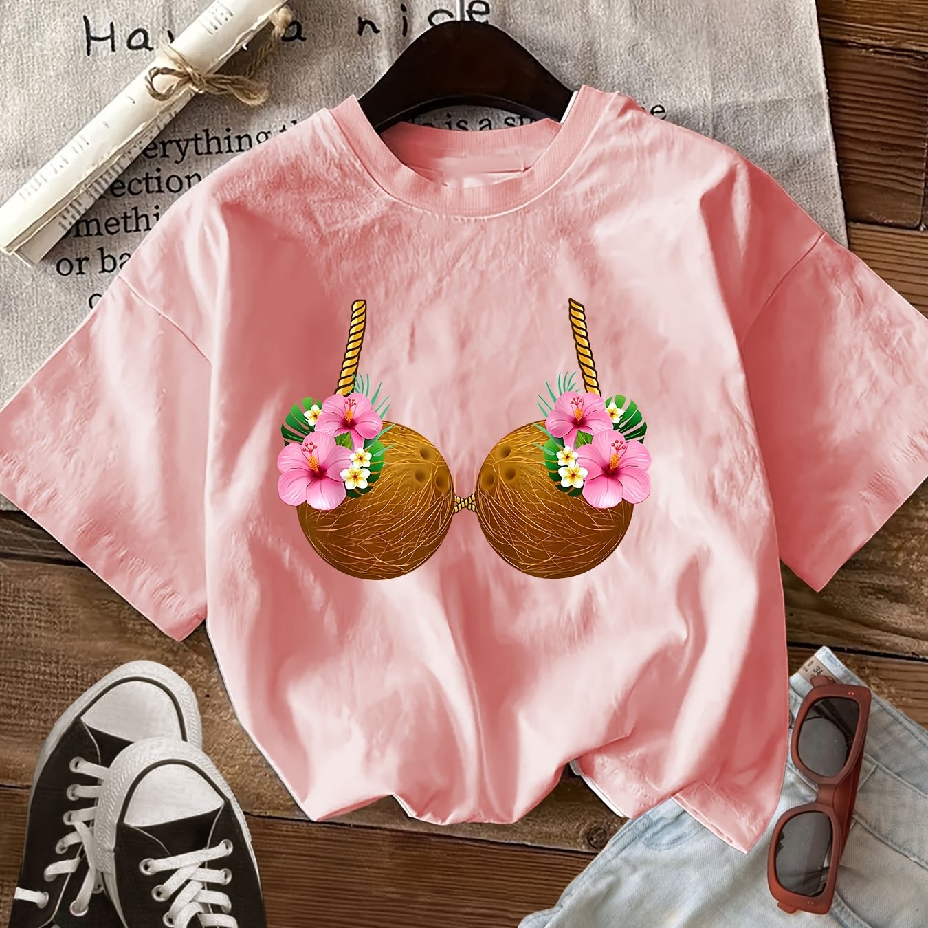 TEMU Front Coconut Print Round Neck T-shirt Casual Athletic Women's Spring Summer Short Sleeve