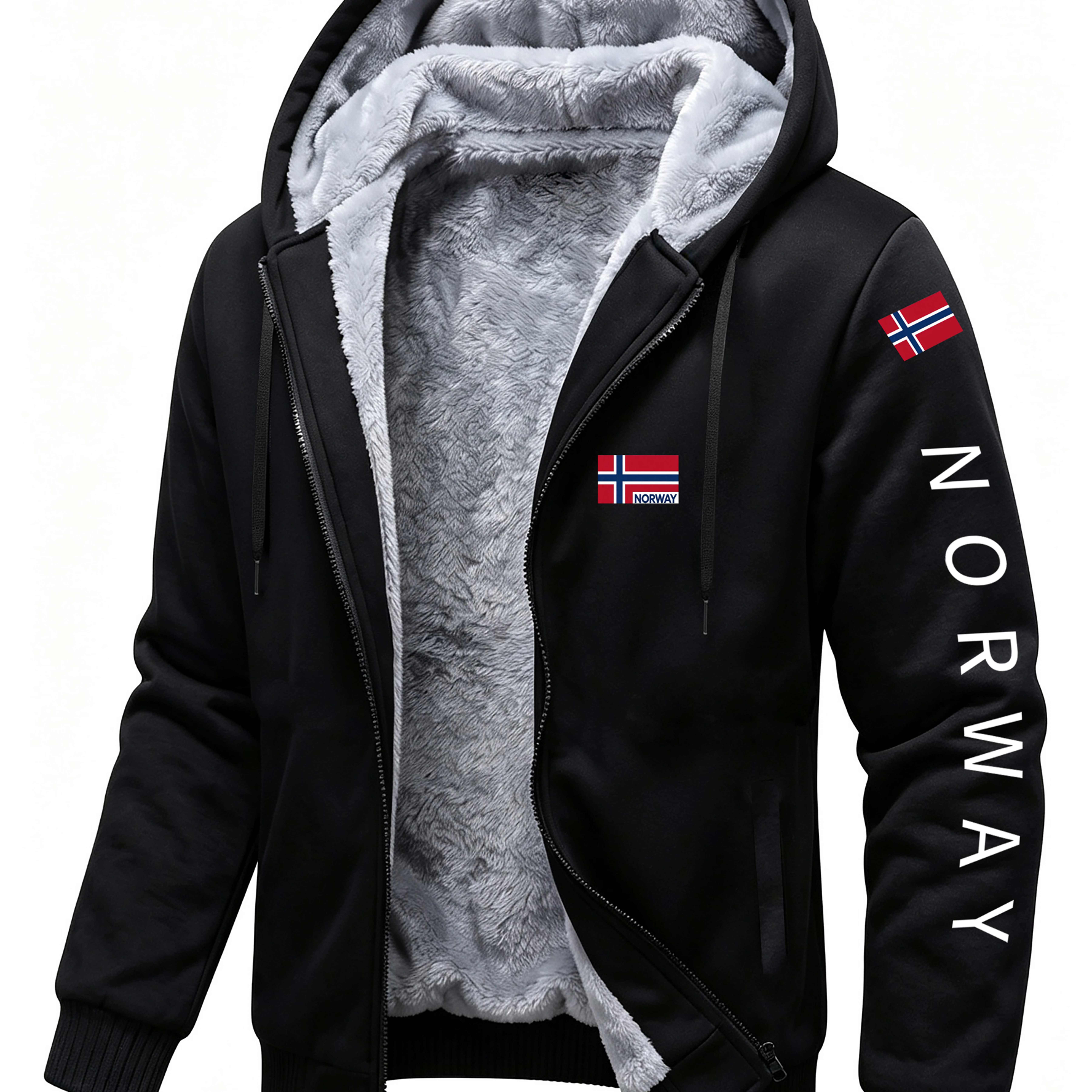 Image of Men's Thick Sherpa Lined Hoodie Full Zip Winter Warm Fleece Jacket Norway Flag Graphic Casual Outerwear