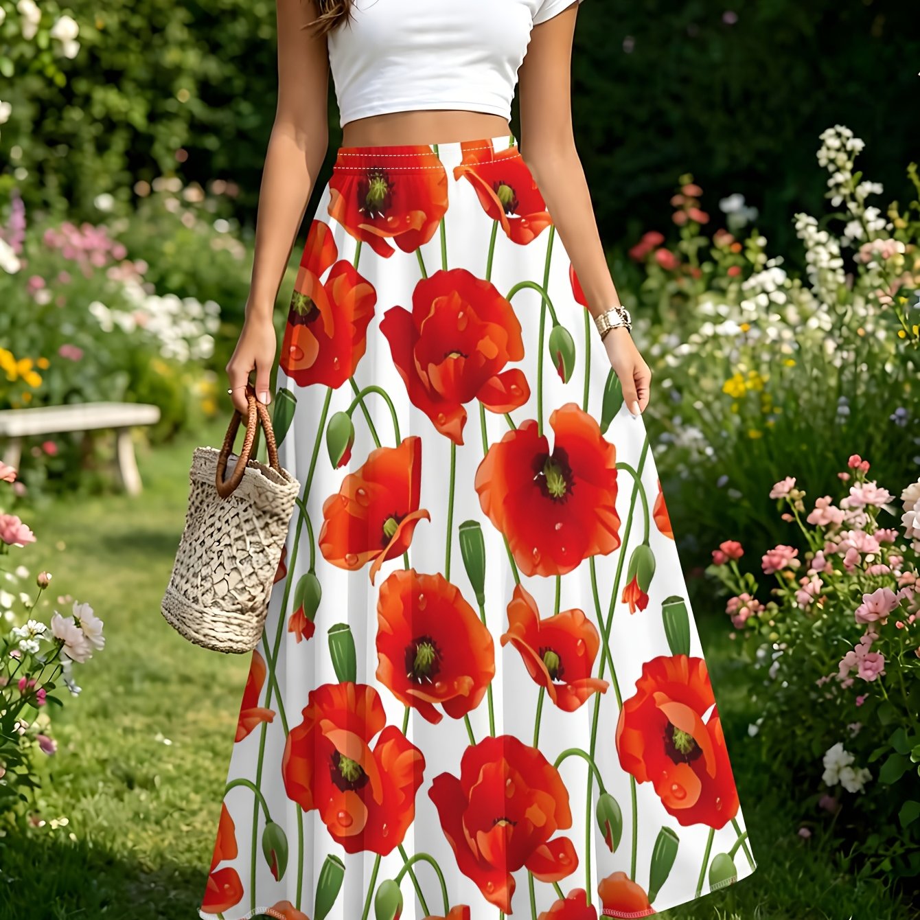 TEMU Red Flower Pattern Printed Design Women's Summer Casual Fashion Half-length Skirt