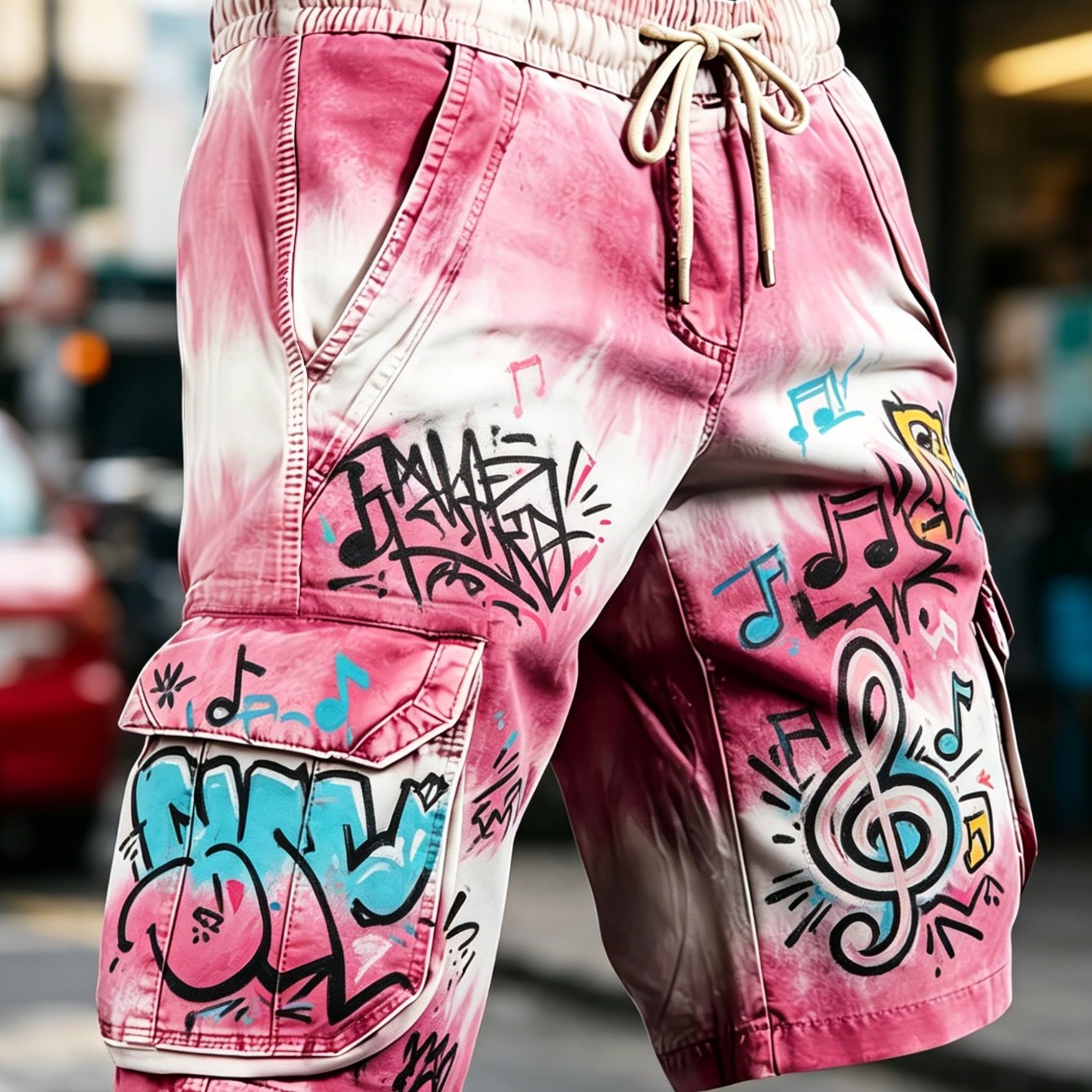 Image of Men's -dye Graffiti Cargo Shorts - No Belt Single-piece Pants Suitable For Summer Streetwear, Festival Outfits, Machine Washable Denim-compatible (not Denim) Shorts For Outdoor Casual Wear