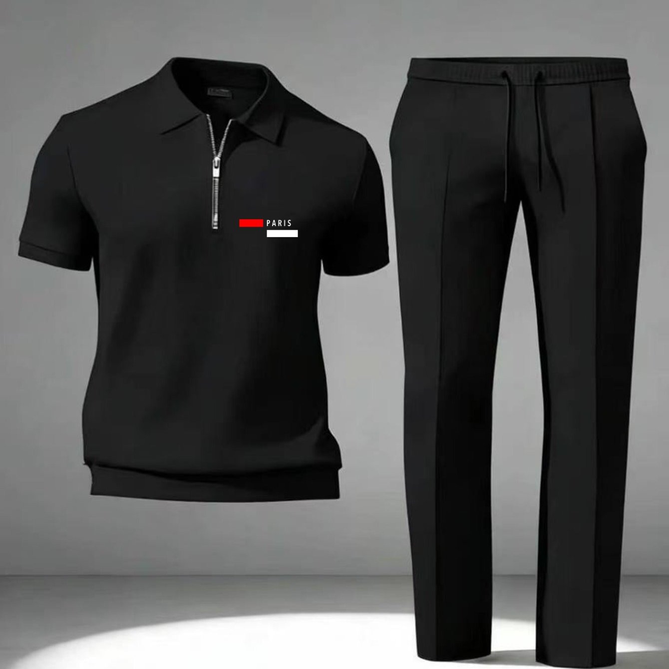 Men's Black 2pcs Set For Restaurant, Office Or Lounge Wear Lightweight, Breathable Wrinkle-resistant Design With Zipper Collar And Drawstring Pants