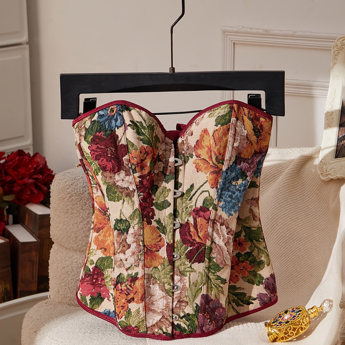 TEMU Oktoberfest French Retro Oil Painting Floral Jacquard Waist-cinching Heart Neck Front Button Back Tie-closure Corset, Shaping Camisole, Halita