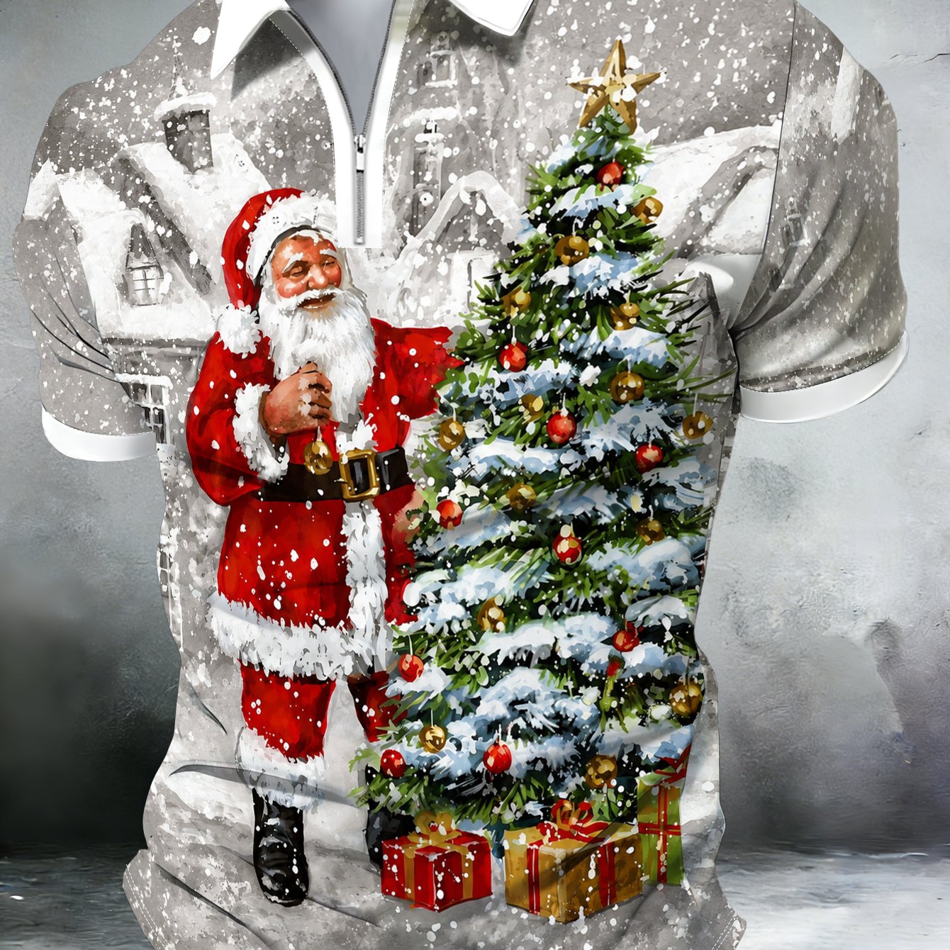 TEMU Men's Christmas Theme Zip Shirt With Santa Claus And Christmas Tree Print Casual Top Women's Clothing