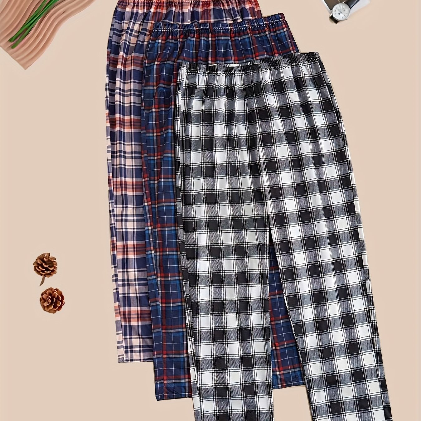 TEMU Set Pigiama Casual 3 Pezzi con Stampa a Quadri e Pantaloni da Relax