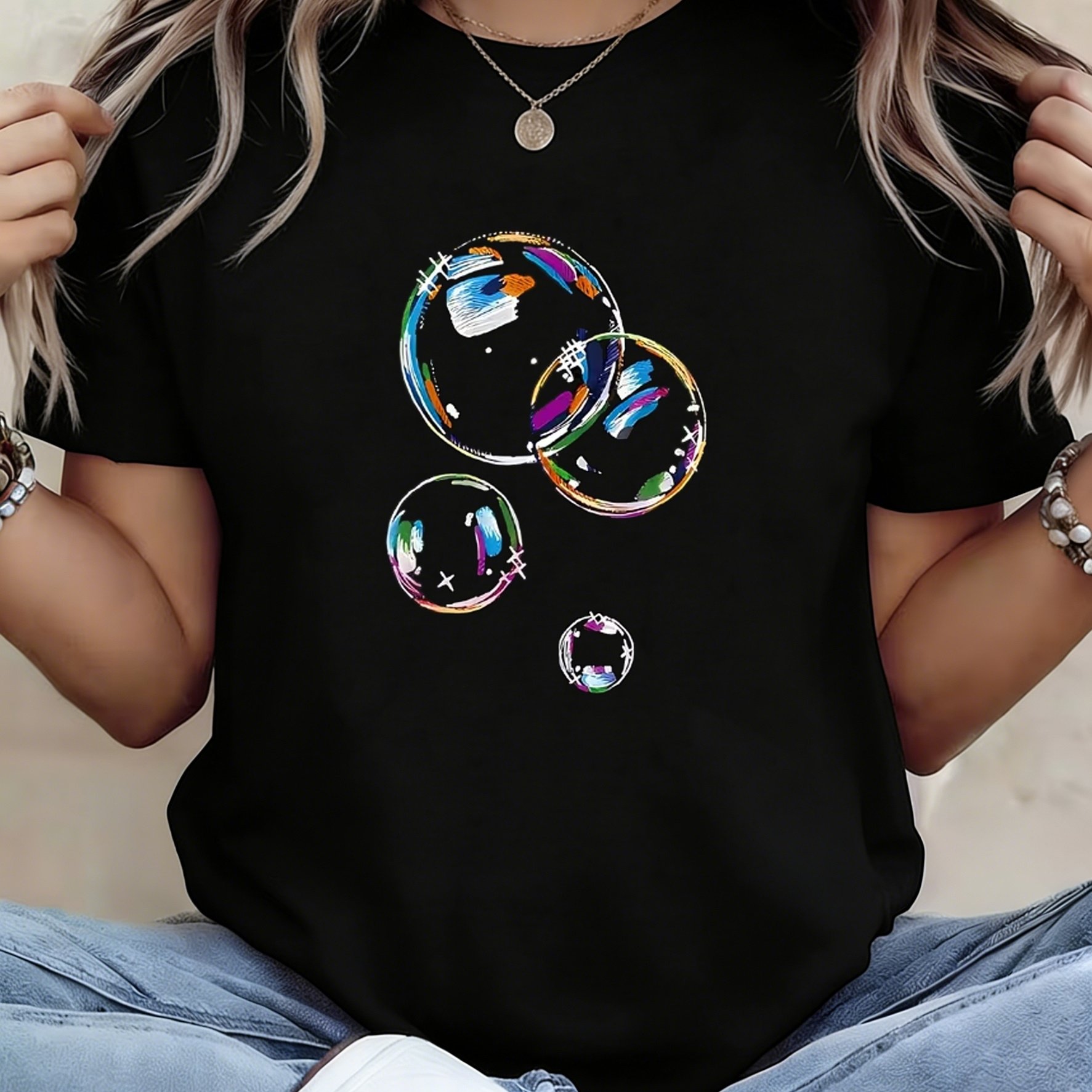 TEMU Women's Casual Crew Neck Short-sleeved T-shirt, Watercolor Colorful Bubble Print Pattern, Niche Artistic Loose And T-shirt, Versatile Fashion