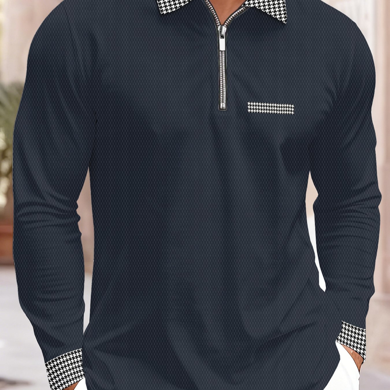 Image of New Arrival Men's Half-zip Color Block Lapel Long-sleeve Shirt, Deep Navy Mesh Fabric With Printed On Collar, Pockets And Cuffs, Breathable Business Top, Plus Size